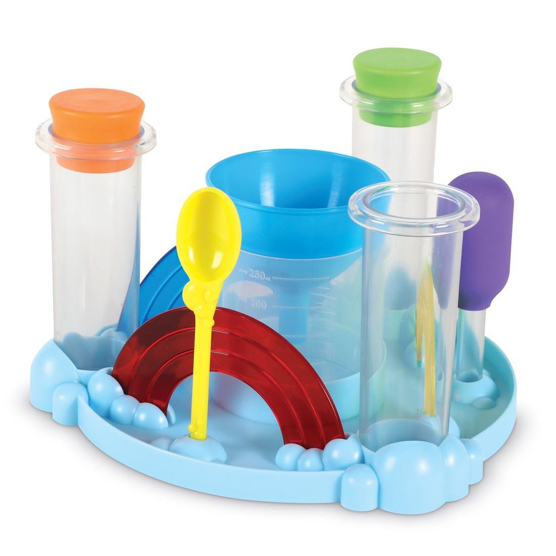 Contents of Rainbow Reactions Preschool Science Lab shown in tray
