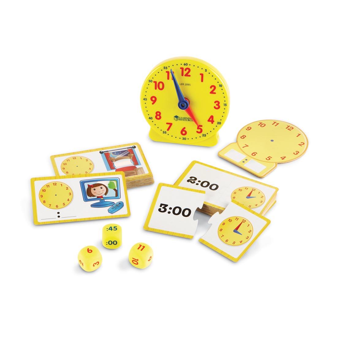 learning clock, 2-piece puzzles with analog and digital time, number dice