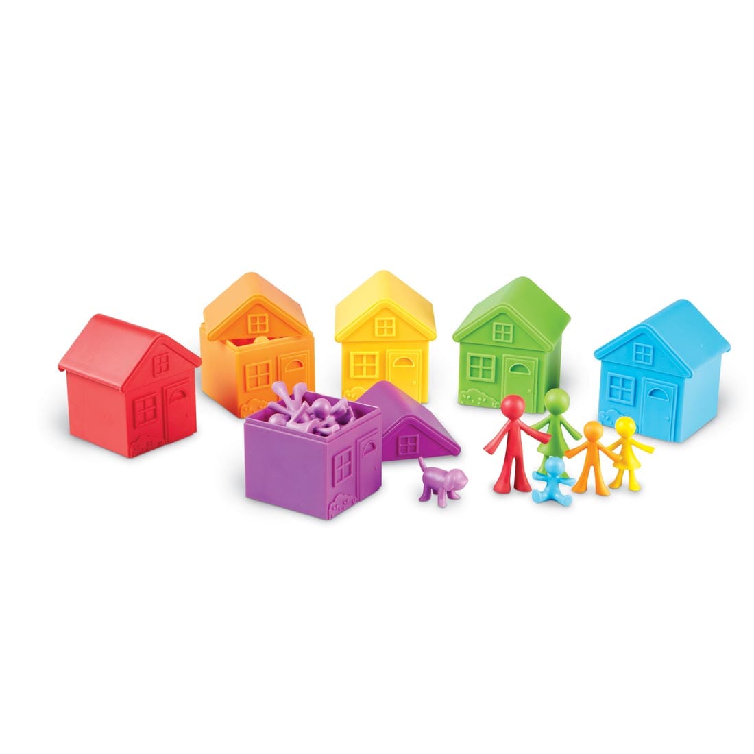 Six colored plastic houses with people in matching colors