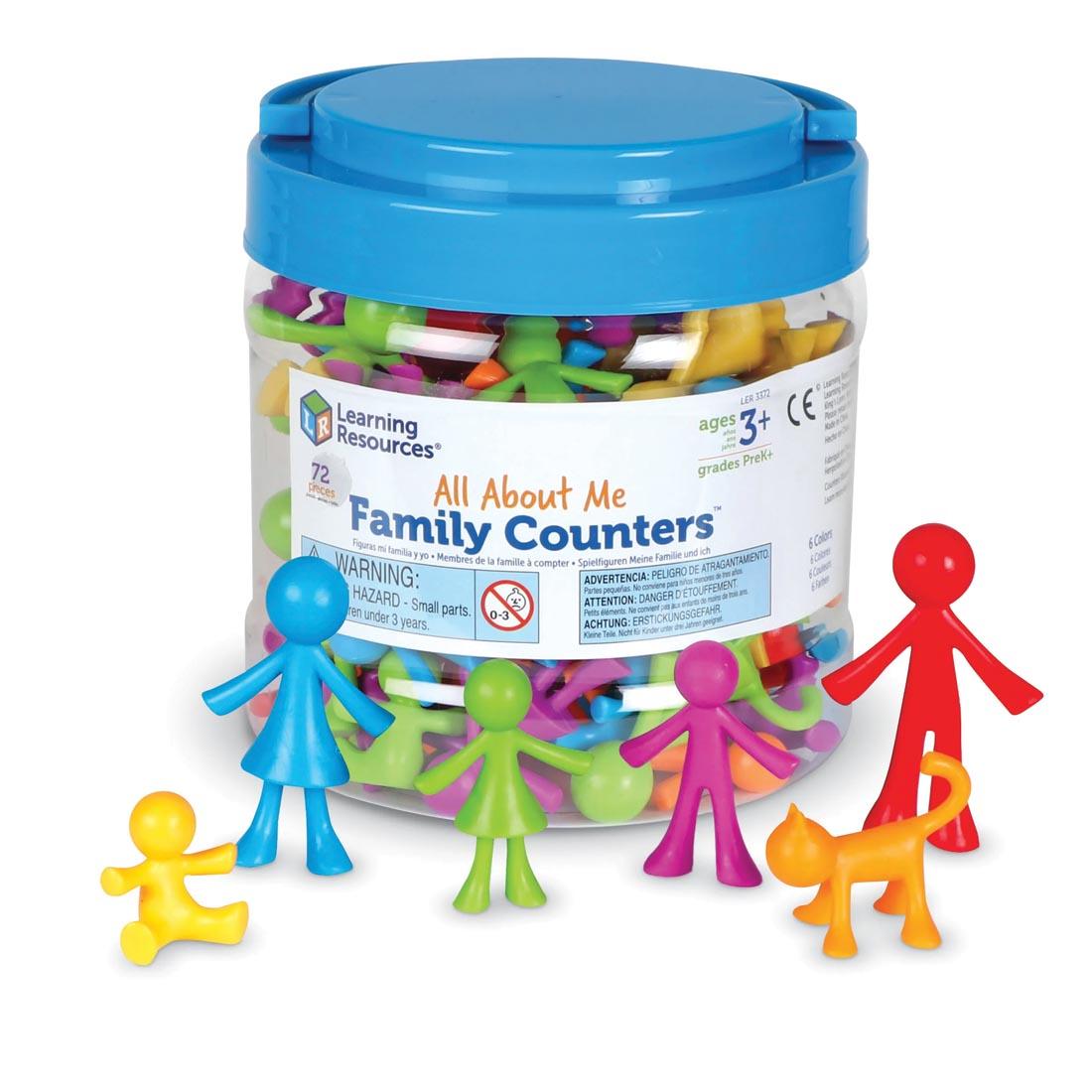 plastic people and pet shapes in a tub of All About Me Family Counters; with one of each shape shown outside the tub