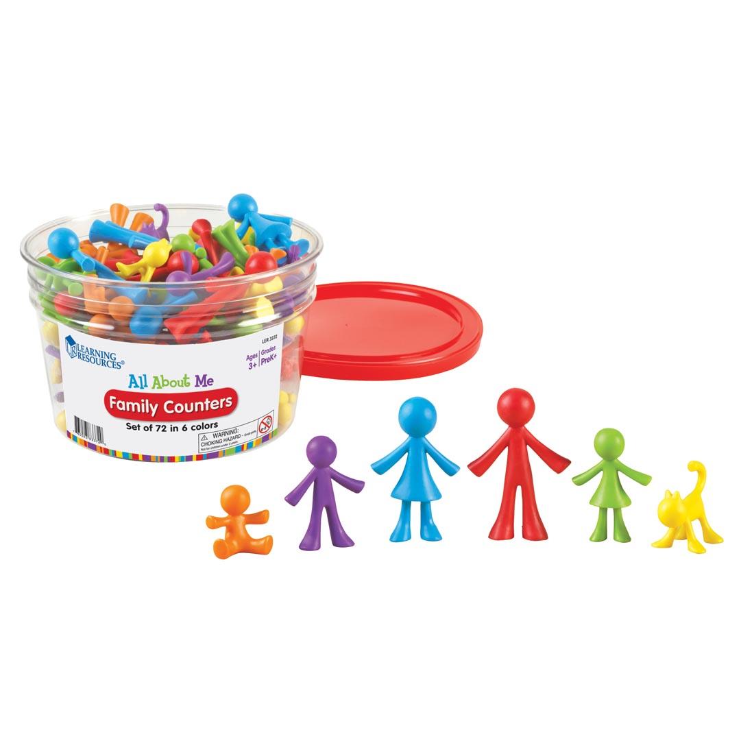 plastic people and pet shapes in a tub of All About Me Family Counters