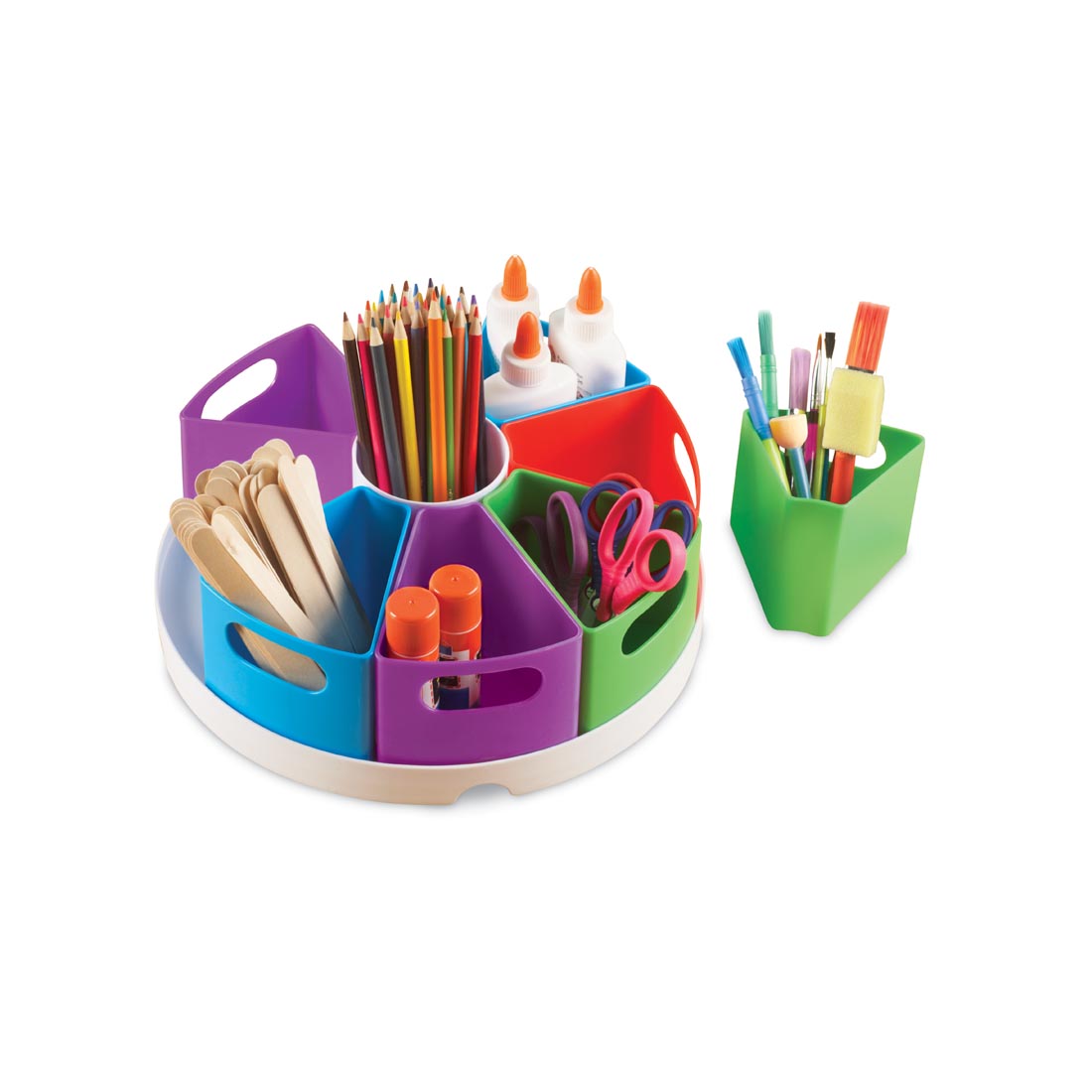 Storage Center with circular tray and individual compartments hold craft and school supplies
