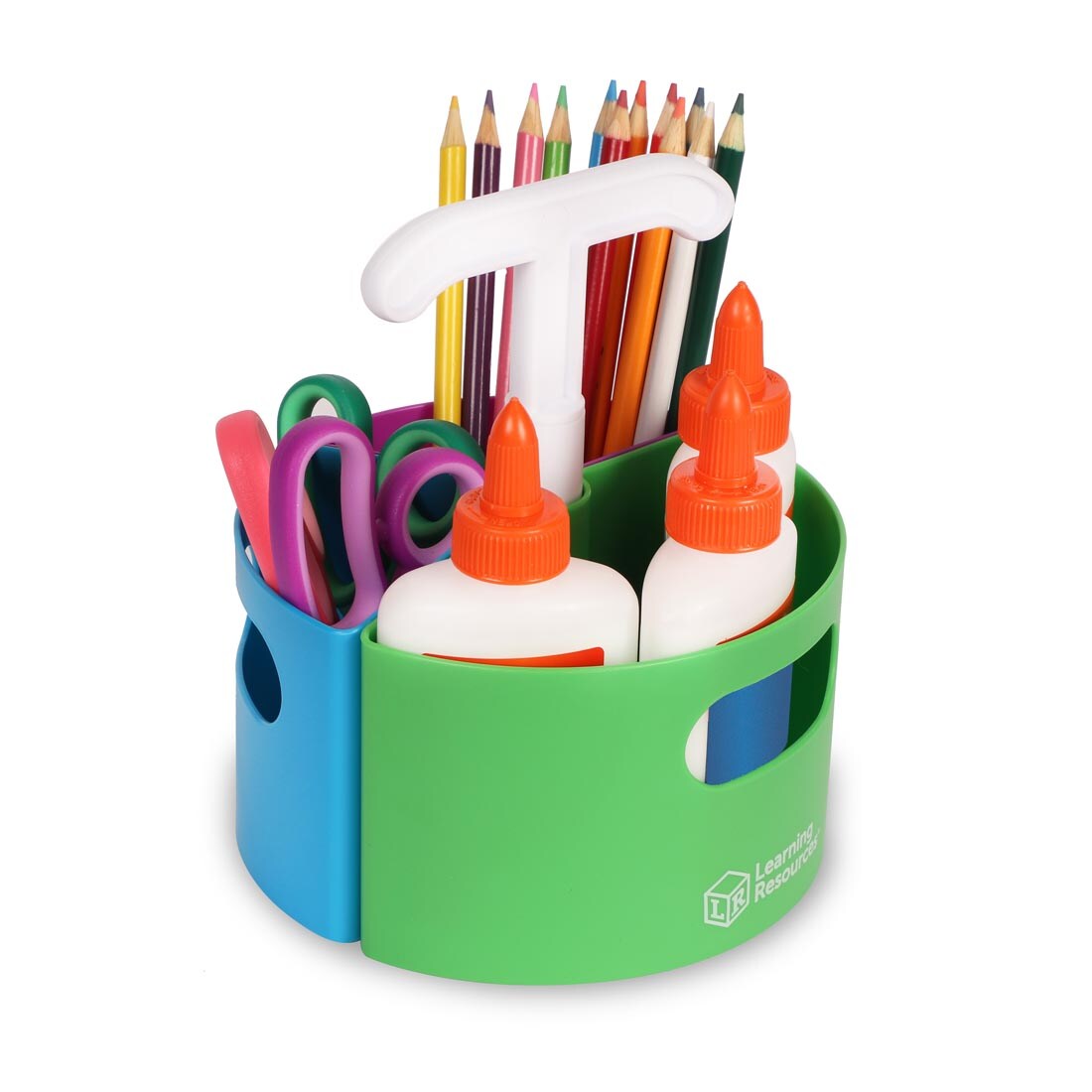 Create-A-Space Mini-Center By Learning Resources filled with glue, scissors and colored pencils