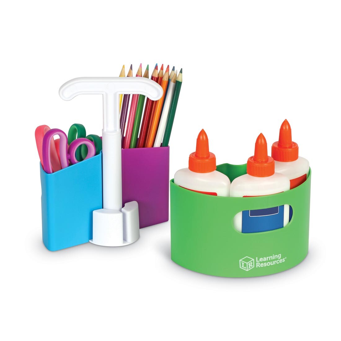 Create-A-Space Mini-Center By Learning Resources filled with glue, scissors and colored pencils; with the larger compartment detached from the center