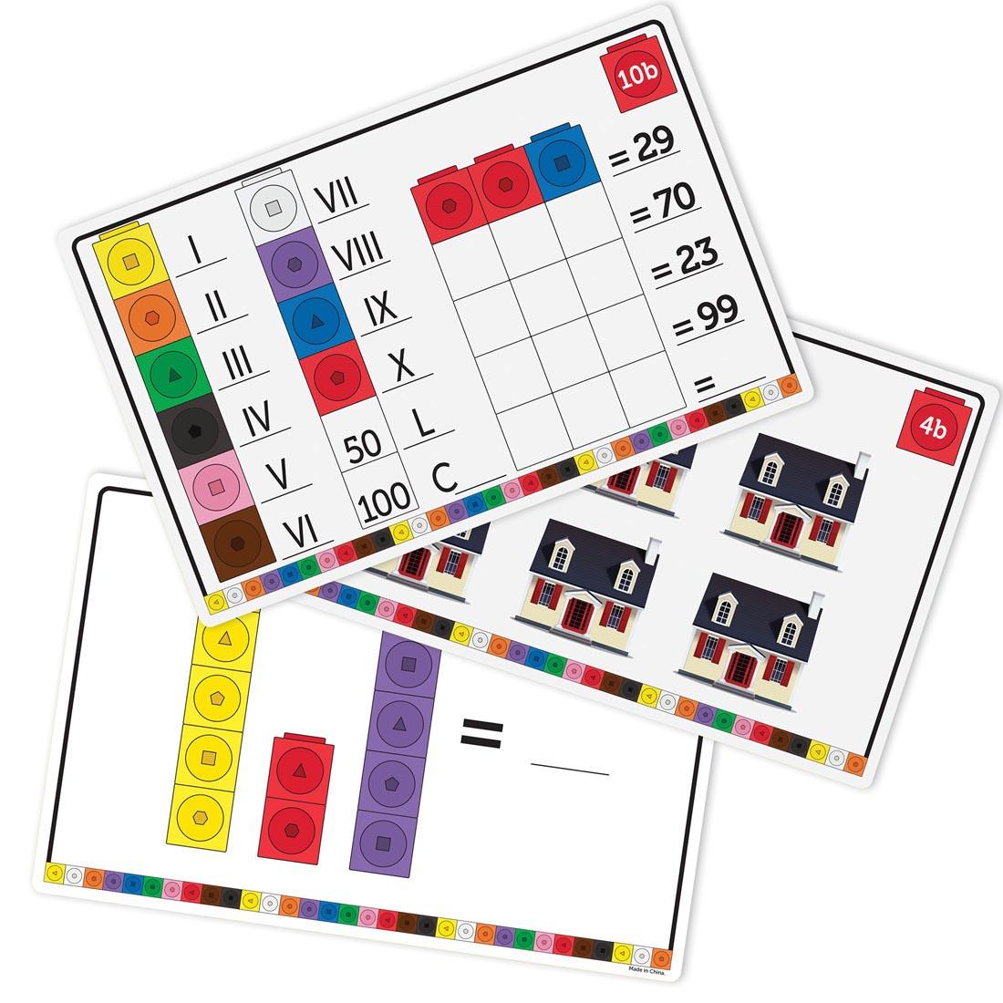 3 activity cards from MathLink Cubes Elementary Math Activity Set By Learning Resources