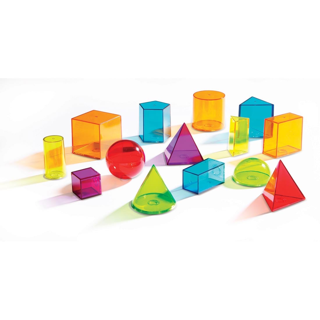 Transparent 3-D plastic shapes in bold, bright colors