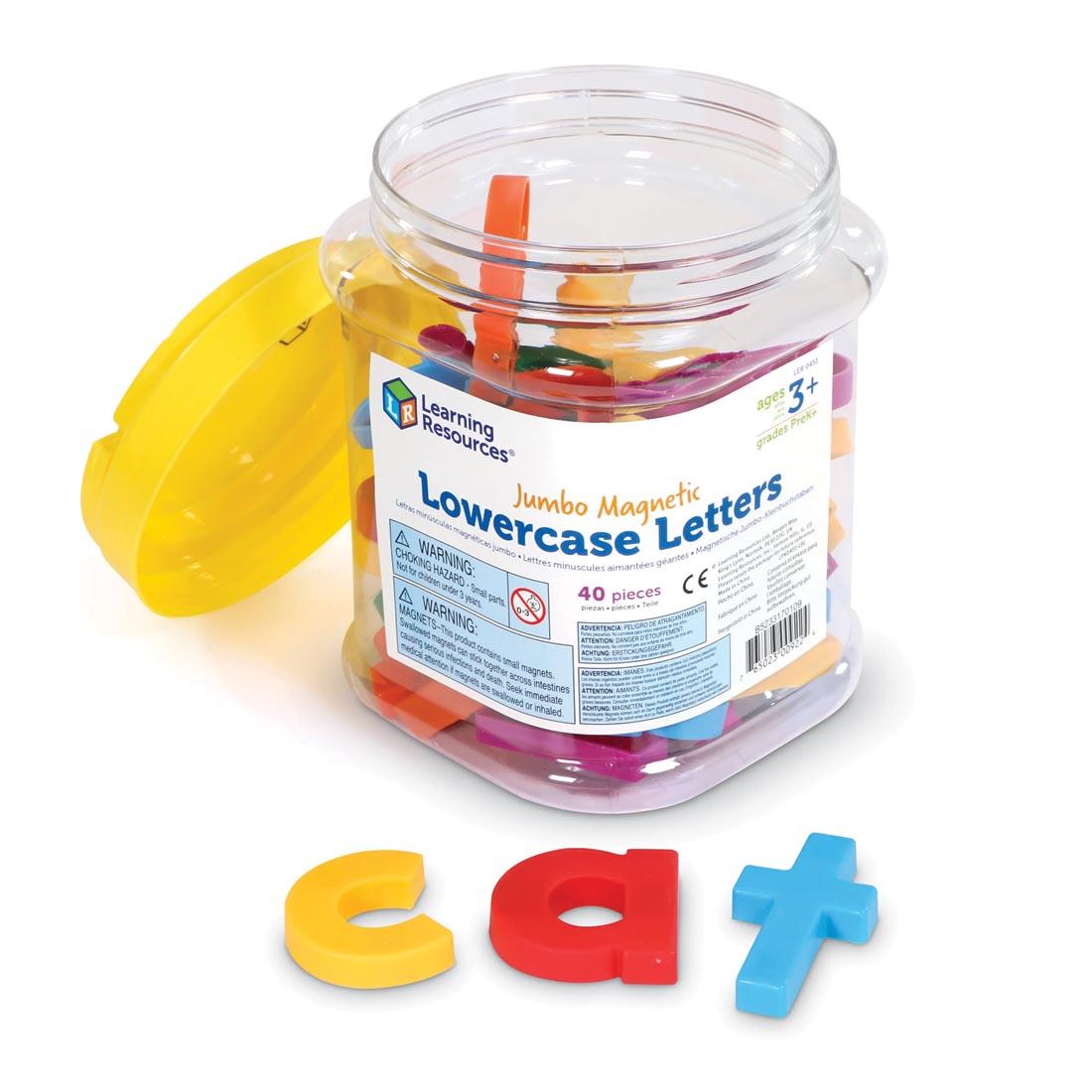 Tub of Colorful, Plastic Jumbo Magnetic Lowercase Letters, with the letters "cat" outside the package