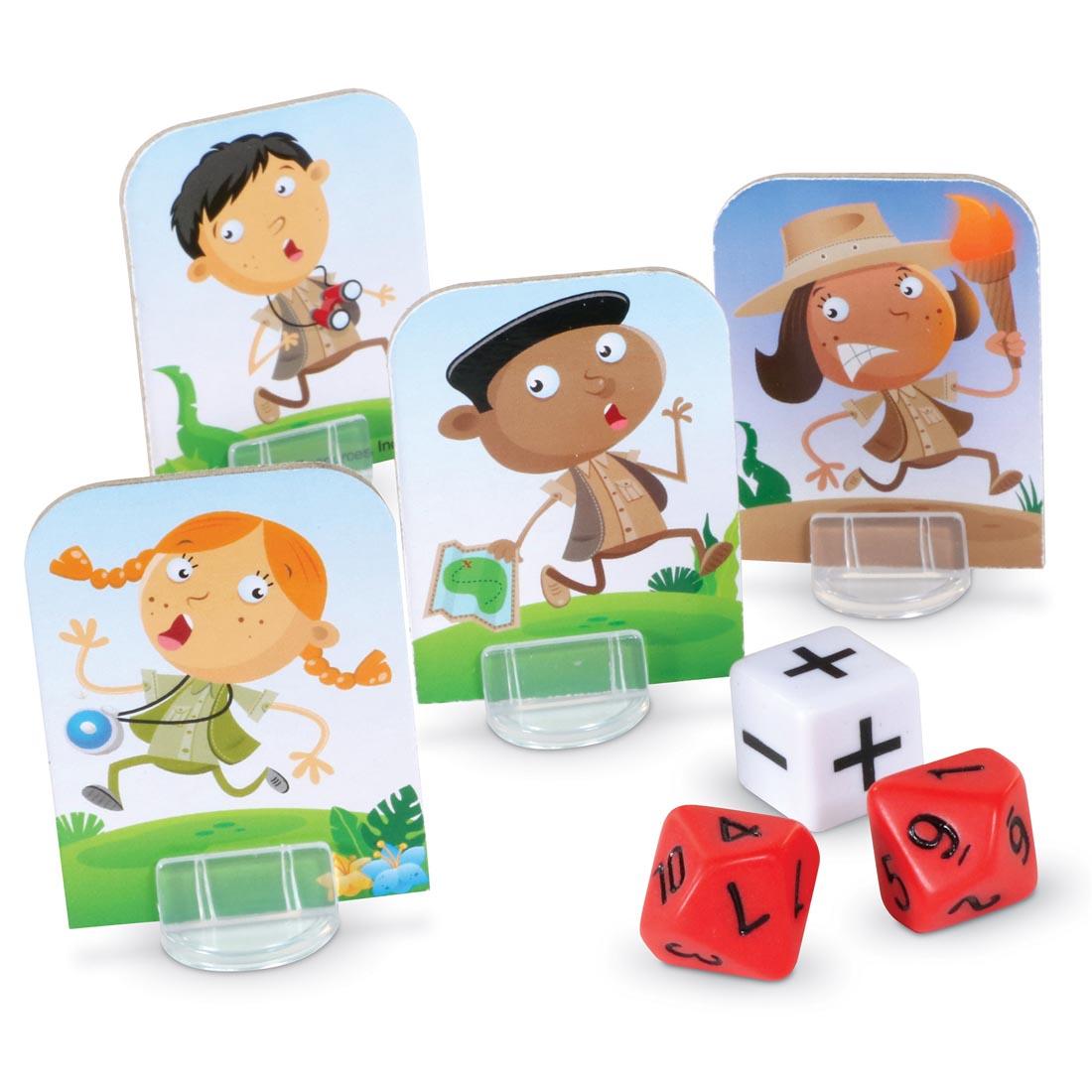 Player pieces from Math Island! Addition & Subtraction Game By Learning Resources