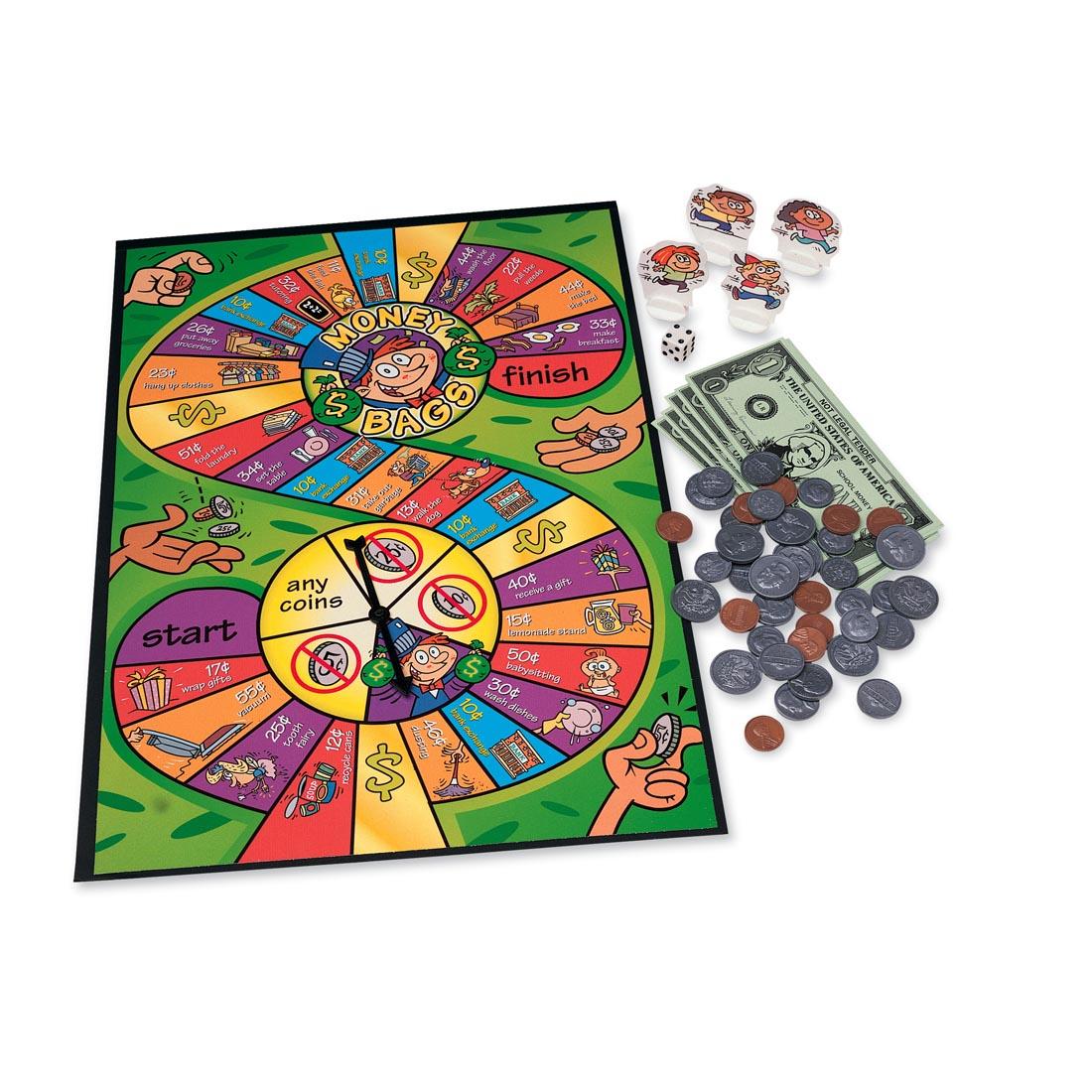 Money Bags Game Board with Spinner, play bills and coins, die and game pieces