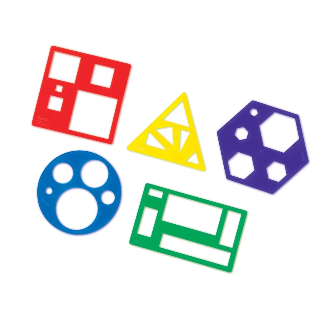 Primary Shapes Template Set of red square, yellow triangle, purple hexagon, blue circle and green rectangle stencils