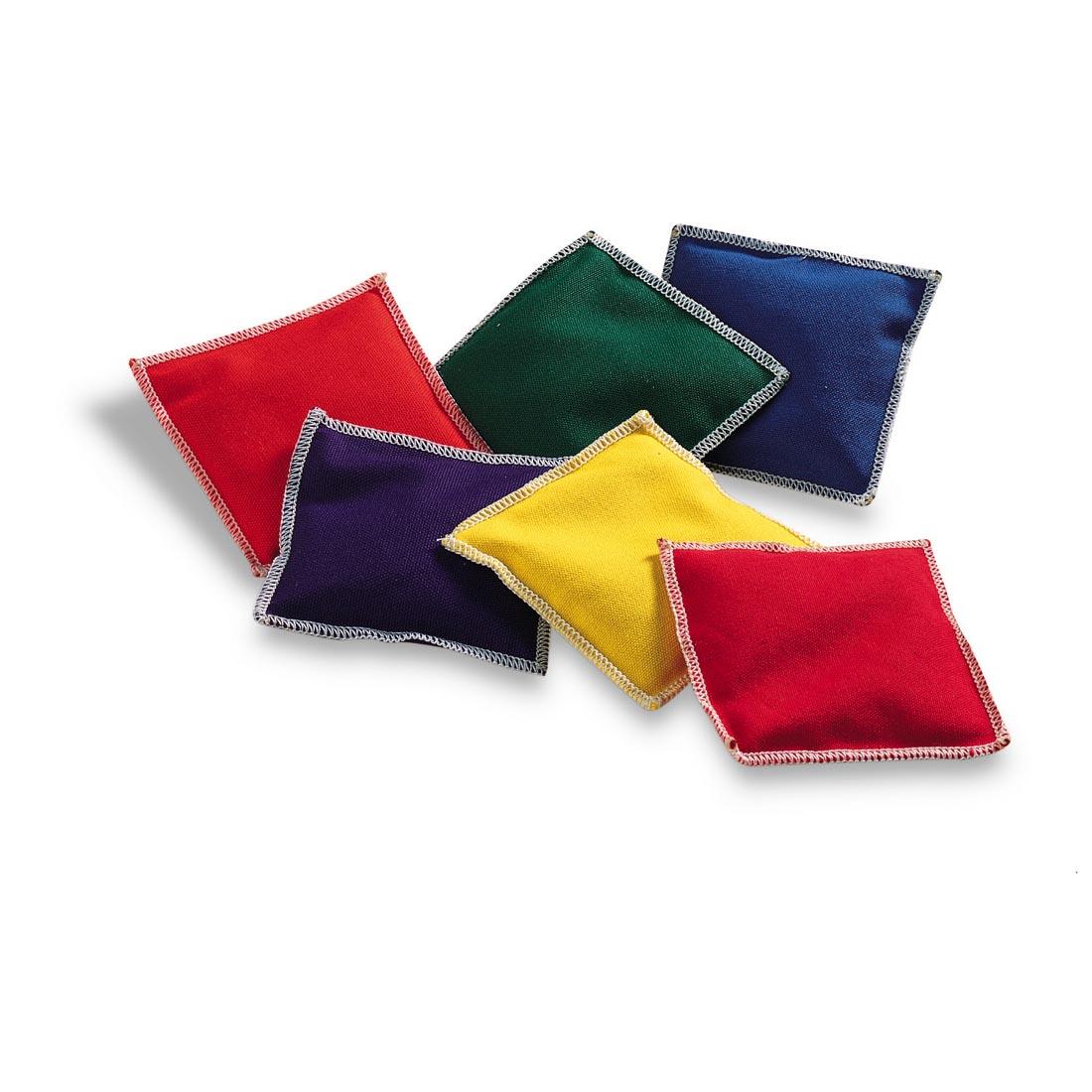 small, sewn fabric bean bags in red, blue, purple, yellow and green