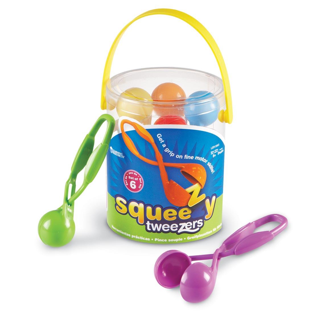 a bucket of colorful Squeezy Tweezers