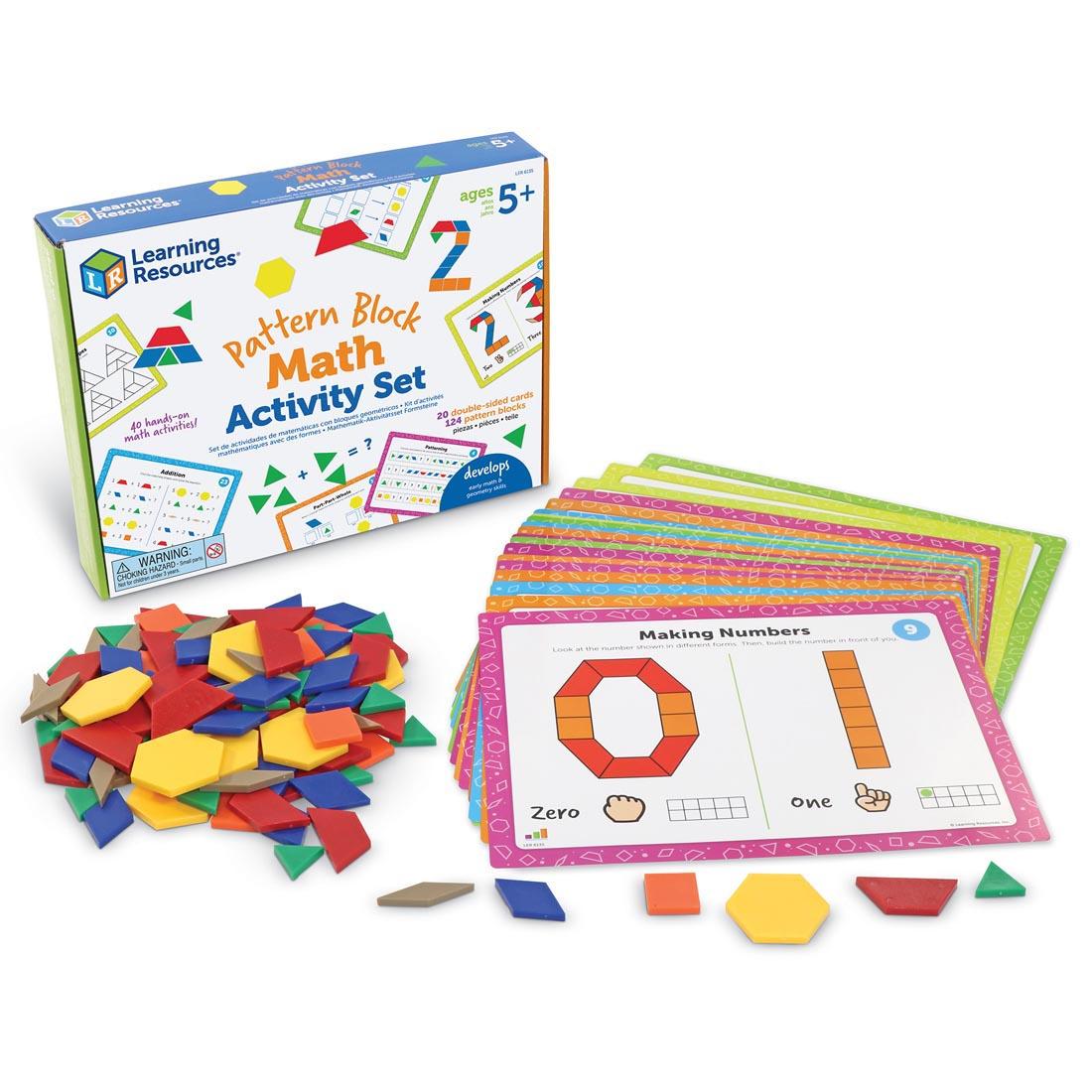 Activity cards and pattern blocks from Pattern Block Math Activity Set By Learning Resources, shown outside the box