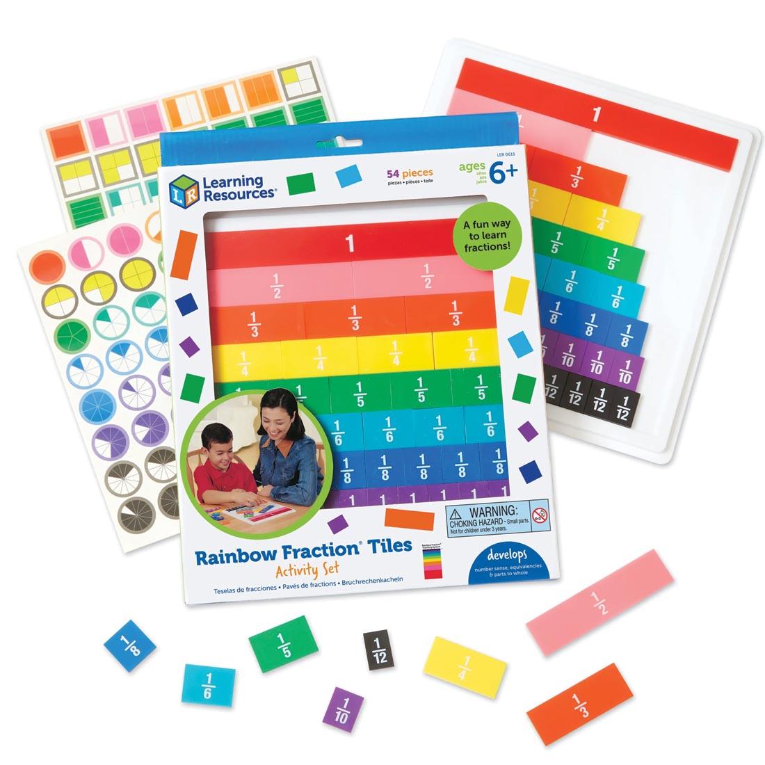 colorful tiles that show different fractions, from 1 whole to 1/12, shown inside and outside of packaging