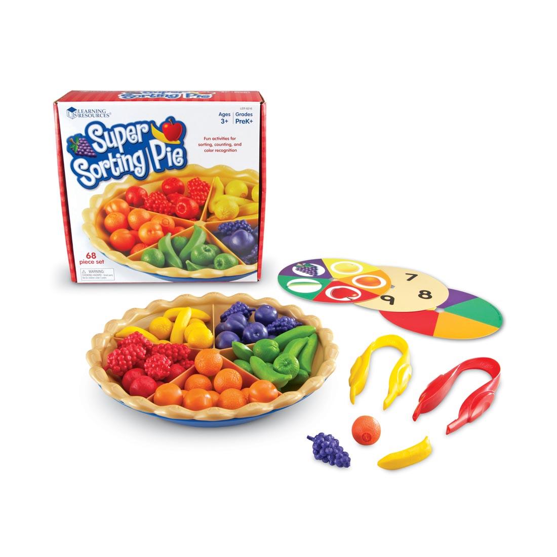 the Super Sorting Pie has 5 compartments for the 5 different colors of plastic fruits