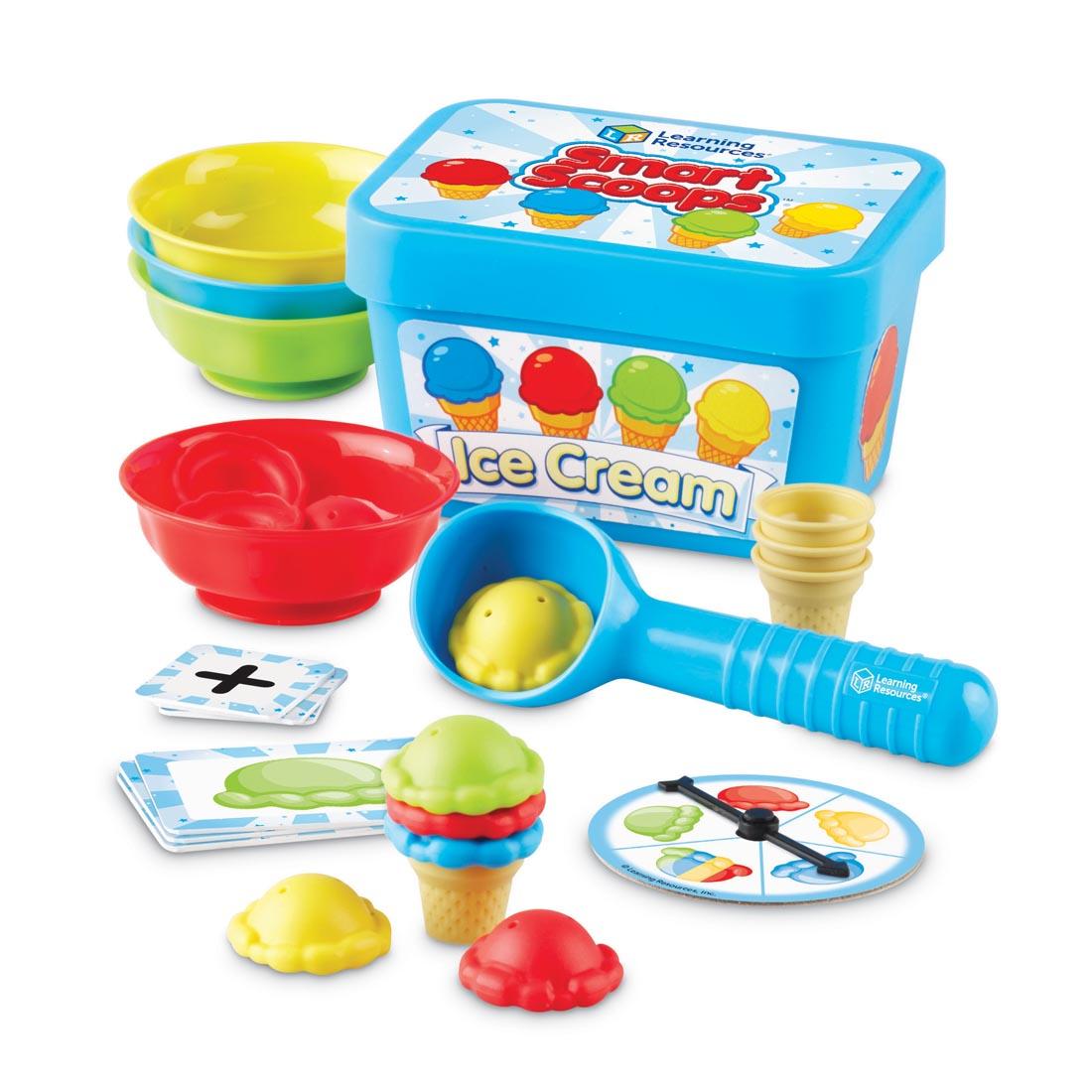 Smart Scoops Math Activity Set has plastic bowls, an ice cream scoop, and pretend ice cream cones