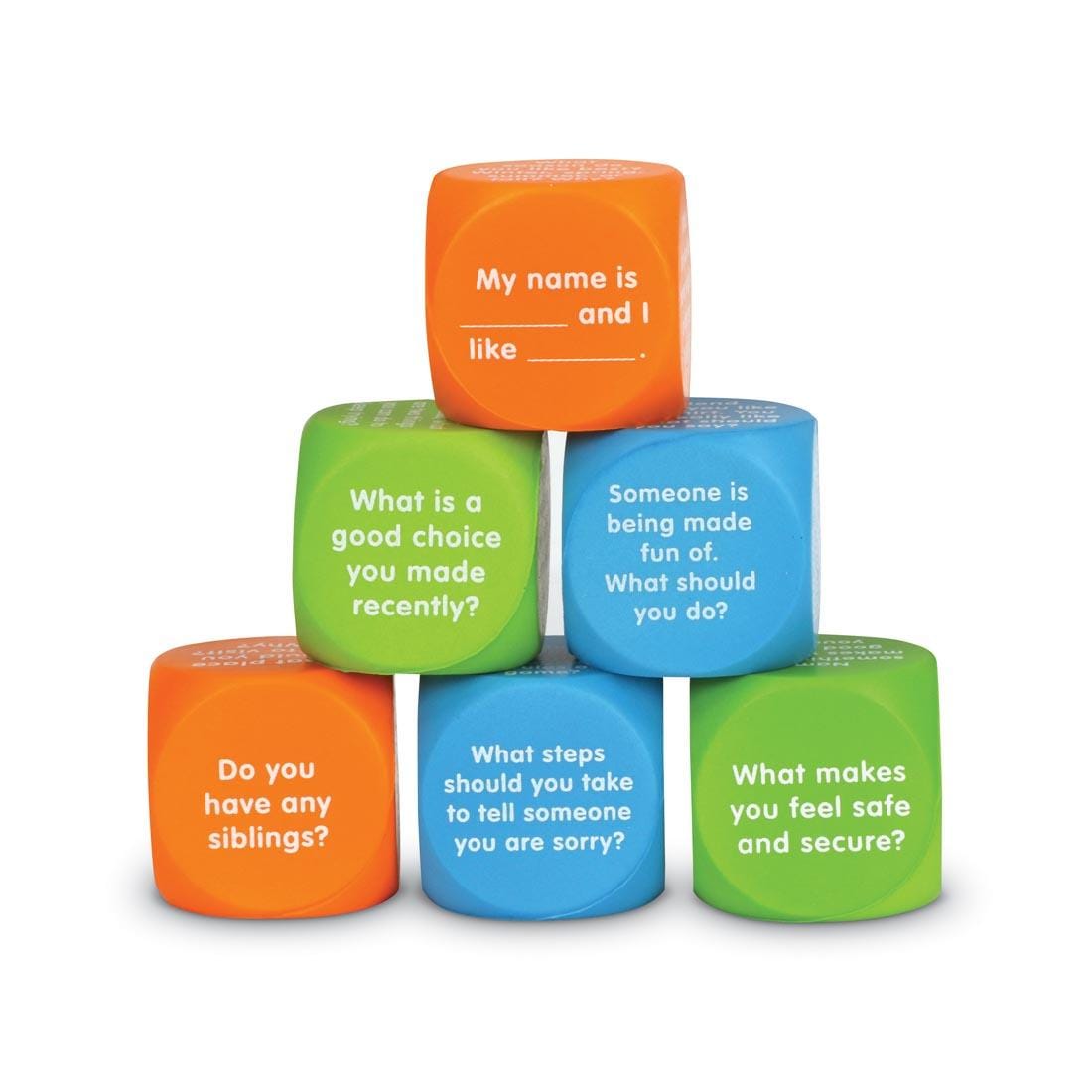 stack of Let's Talk Cubes, showing questions such as What is a good choice you made recently and Do you have any siblings?