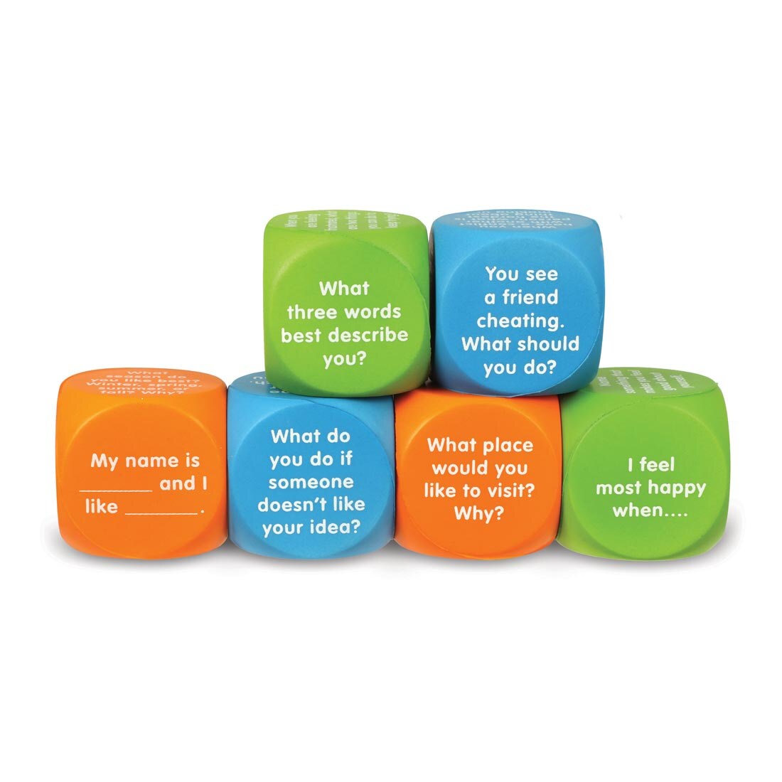 stack of Let's Talk Cubes with question on them, such as what three words best describe you and what place would you like to visit