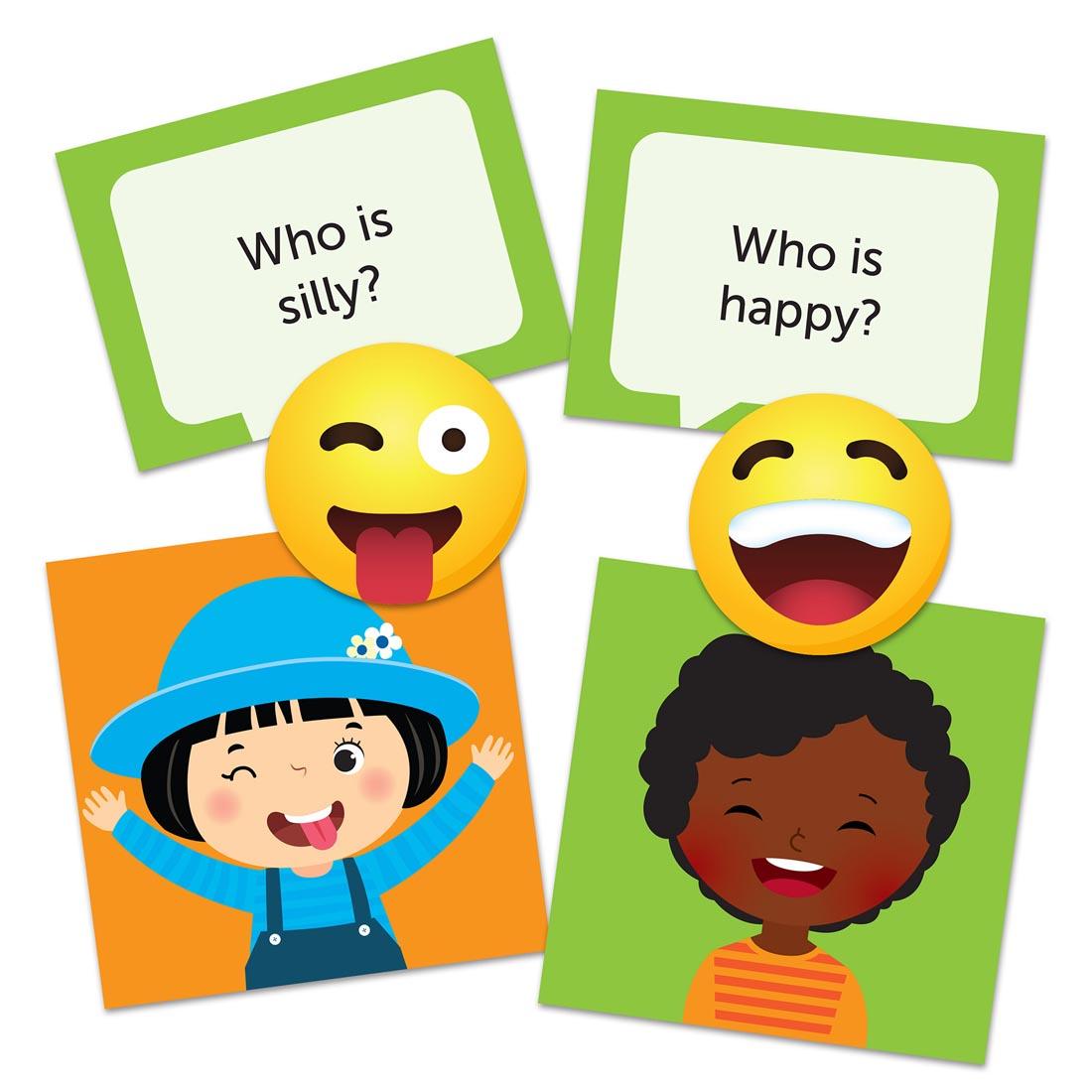 sample prompt, emoji and caller cards from Who's Feeling What? By Learning Resources