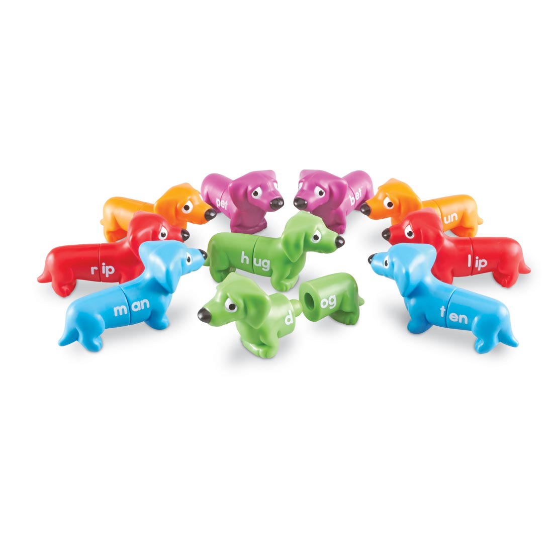 plastic 2-piece weiner dogs that have a beginning consonant on one end and two more letters on the other.