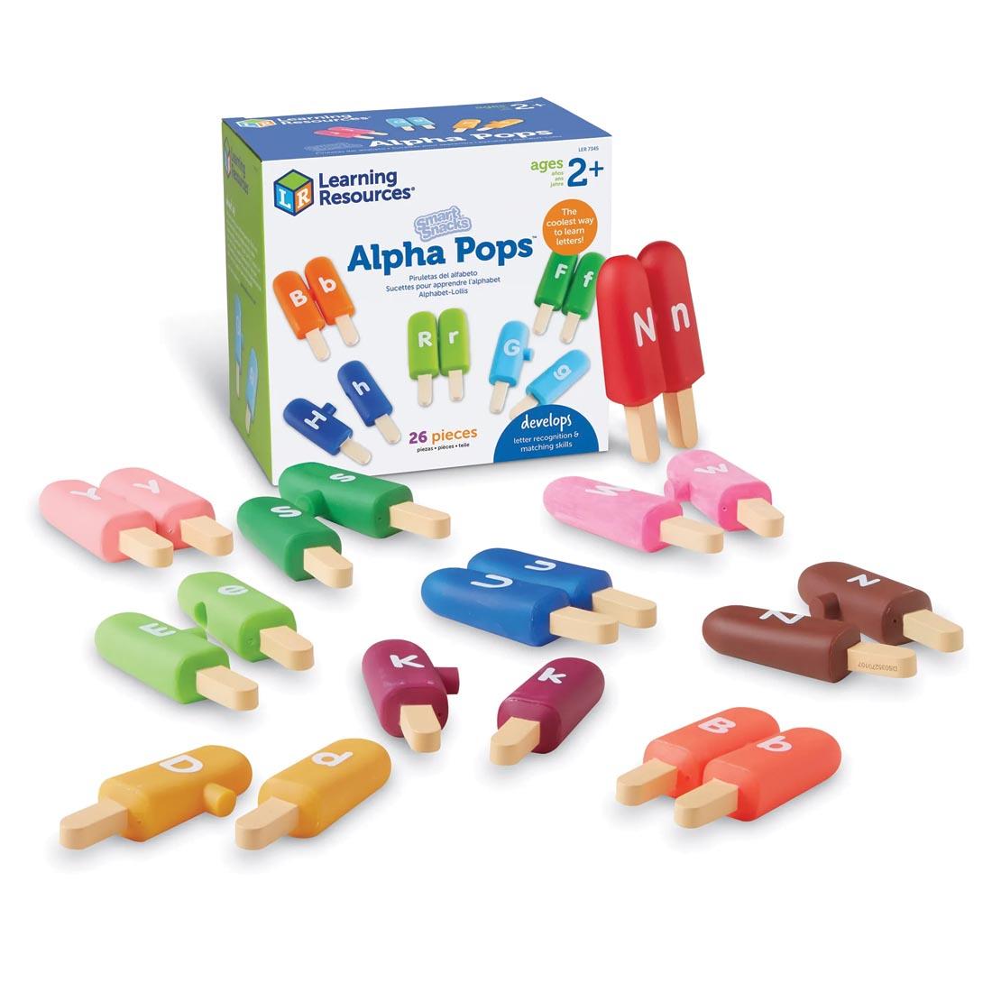 Package of Alpha Pops plastic popsicles, with several outside packaging, each with a letter on them shown in pairs of uppercase and lowercase