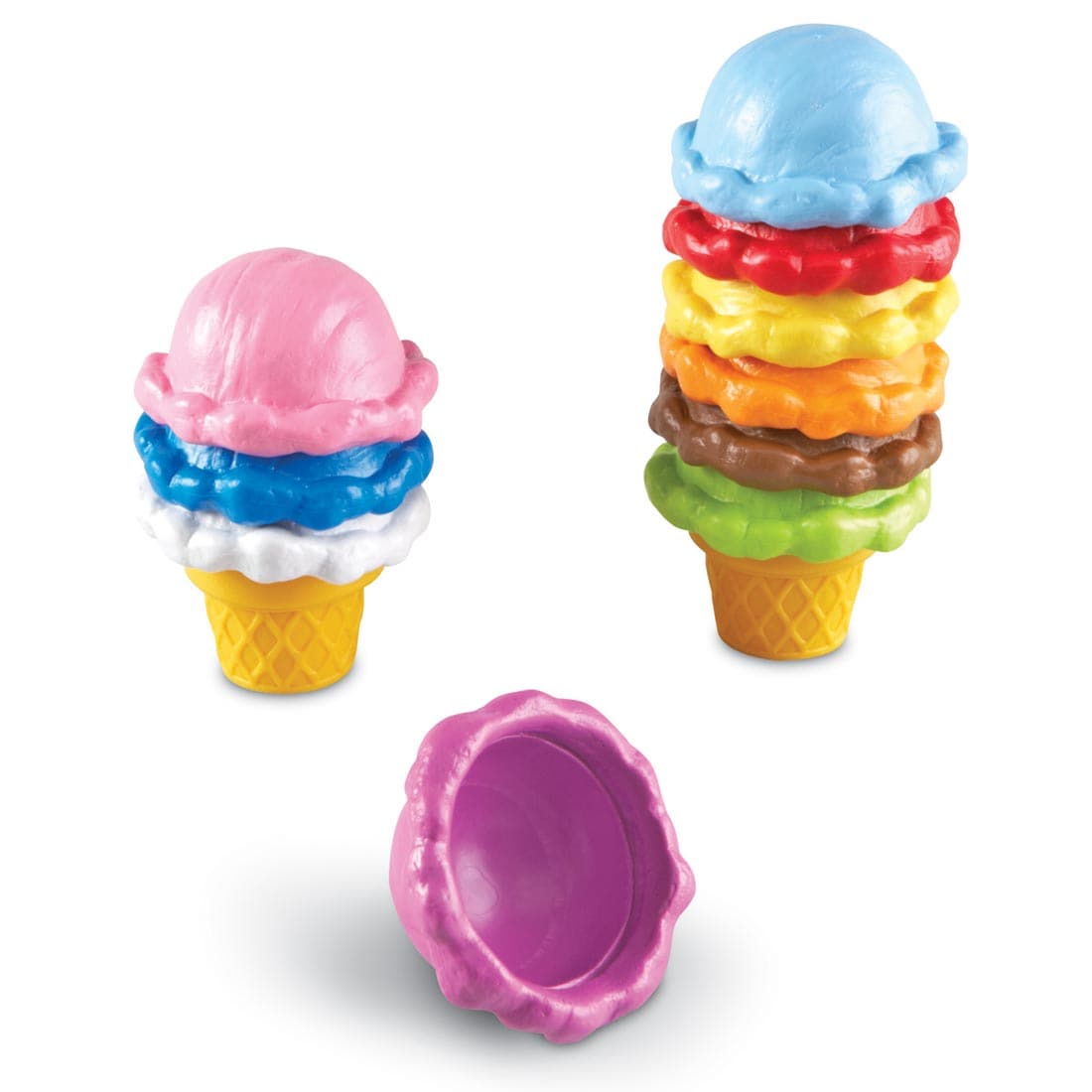 Rainbow Color Cones have a plastic cone base with colorful scoops stacked on top