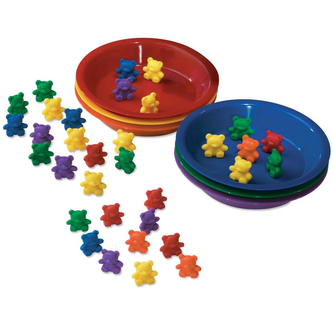 6 colorful bowls and colorful plastic bears for counting and sorting