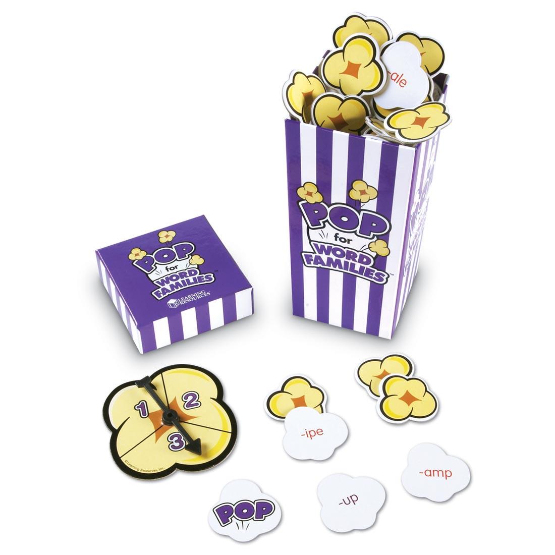 popcorn-shaped cards with word family endings on them, in a purple and white striped box