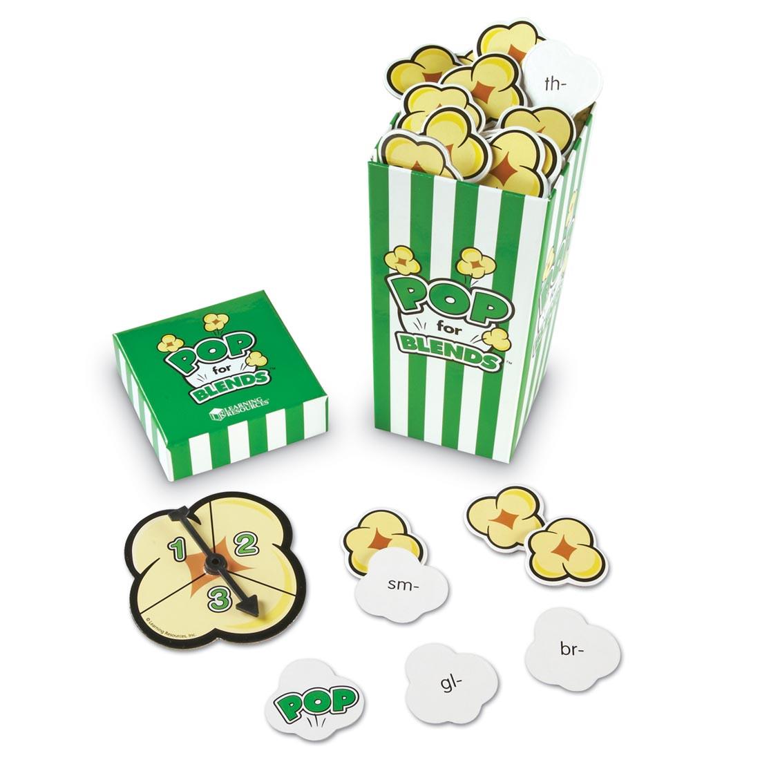 popcorn-shaped cards with consonant blends on them, in a green and white striped box