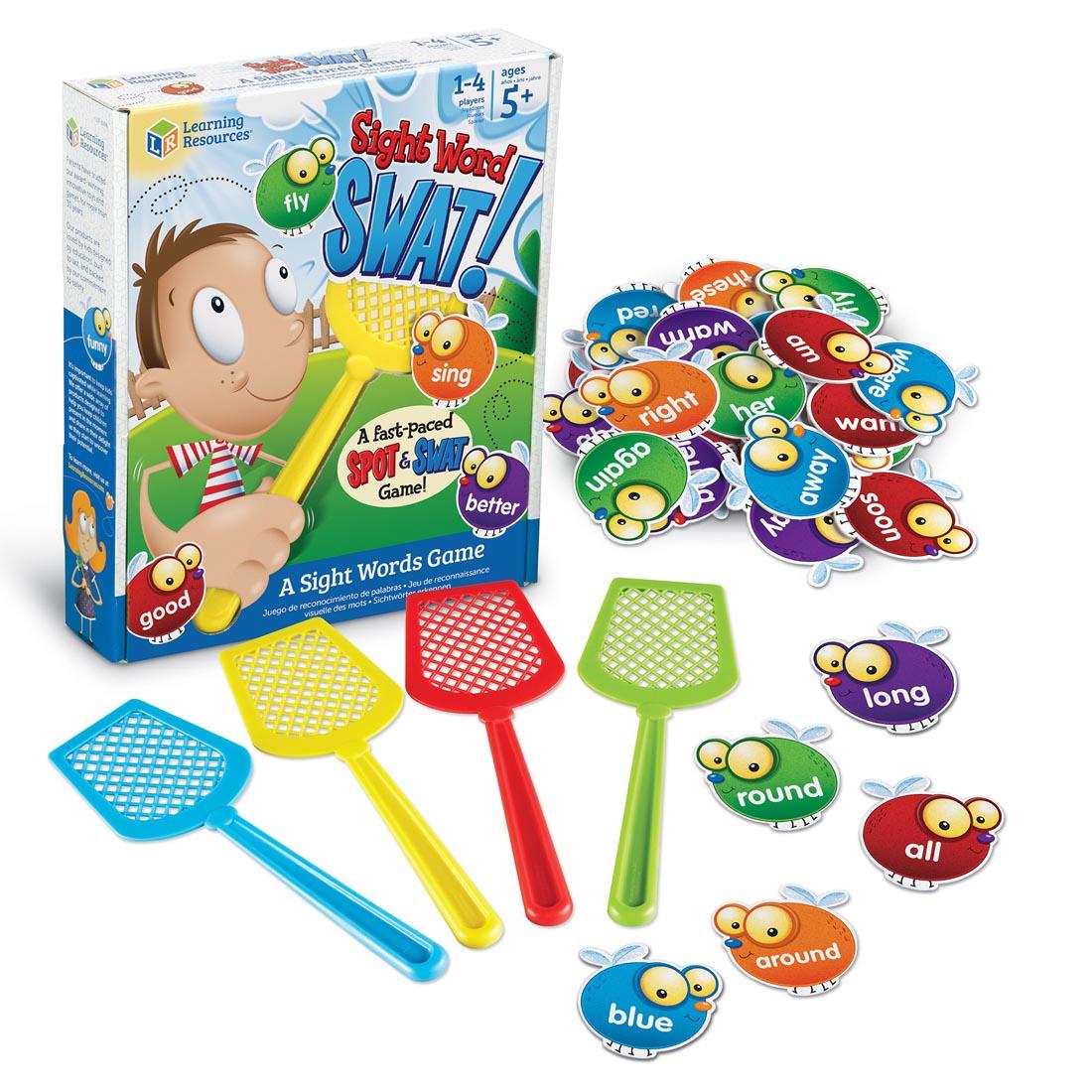 Sight Words Swat! Sight Words Game with game pieces shown outside packaging