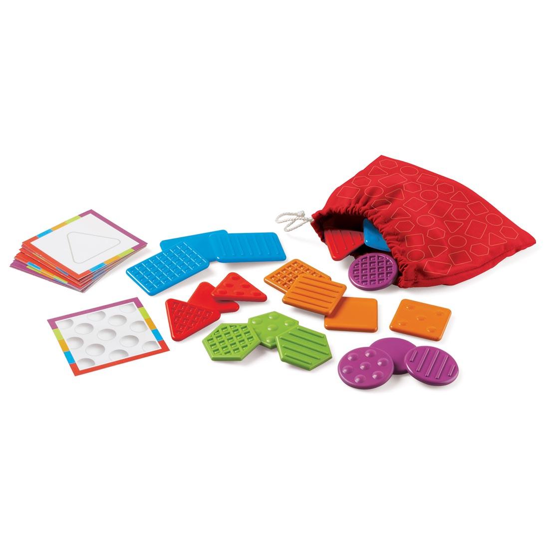 Teaching Tac-Tiles in different colors, shapes and textures, with bag and activity cards