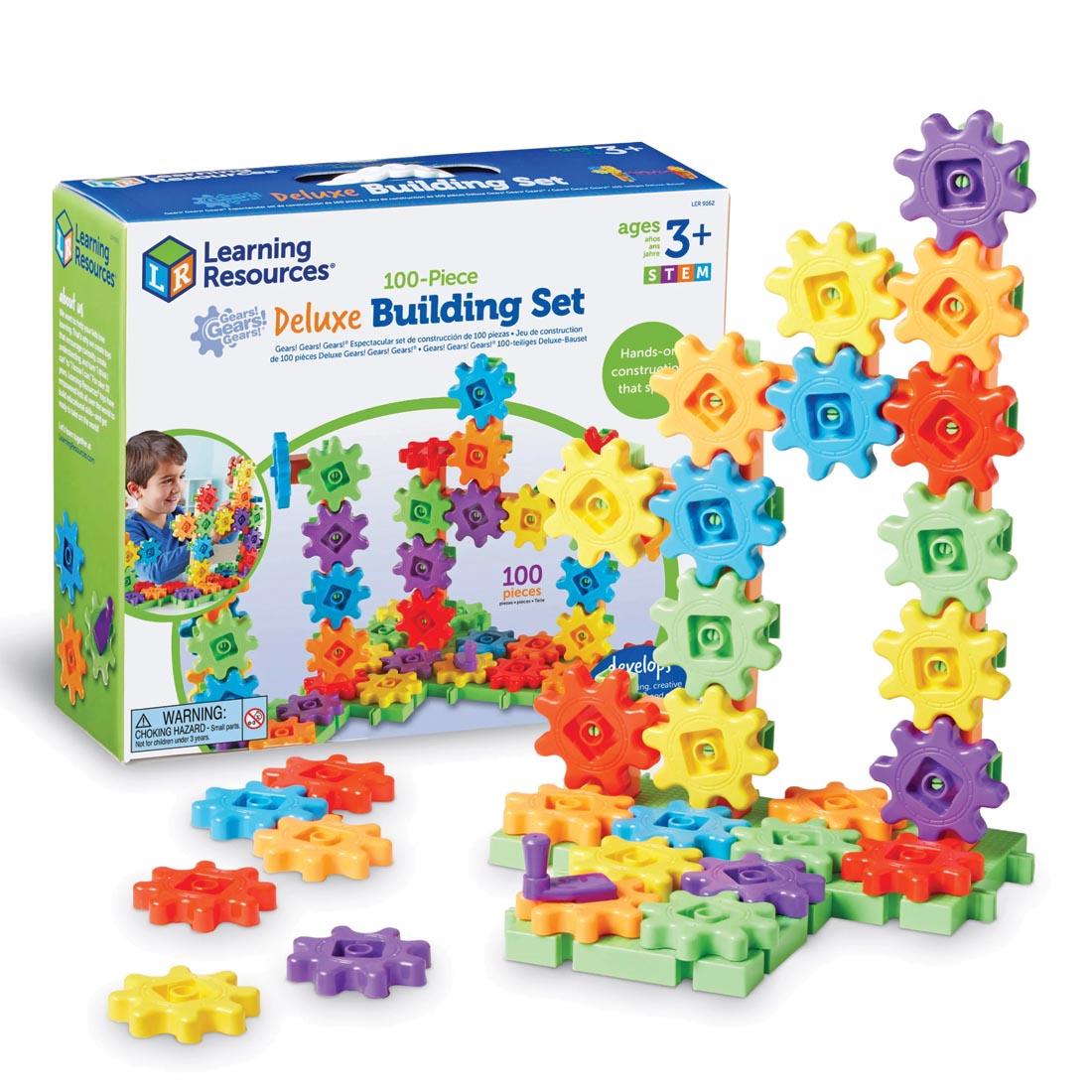 plastic gears set built into a unique construction, with packaging in the background
