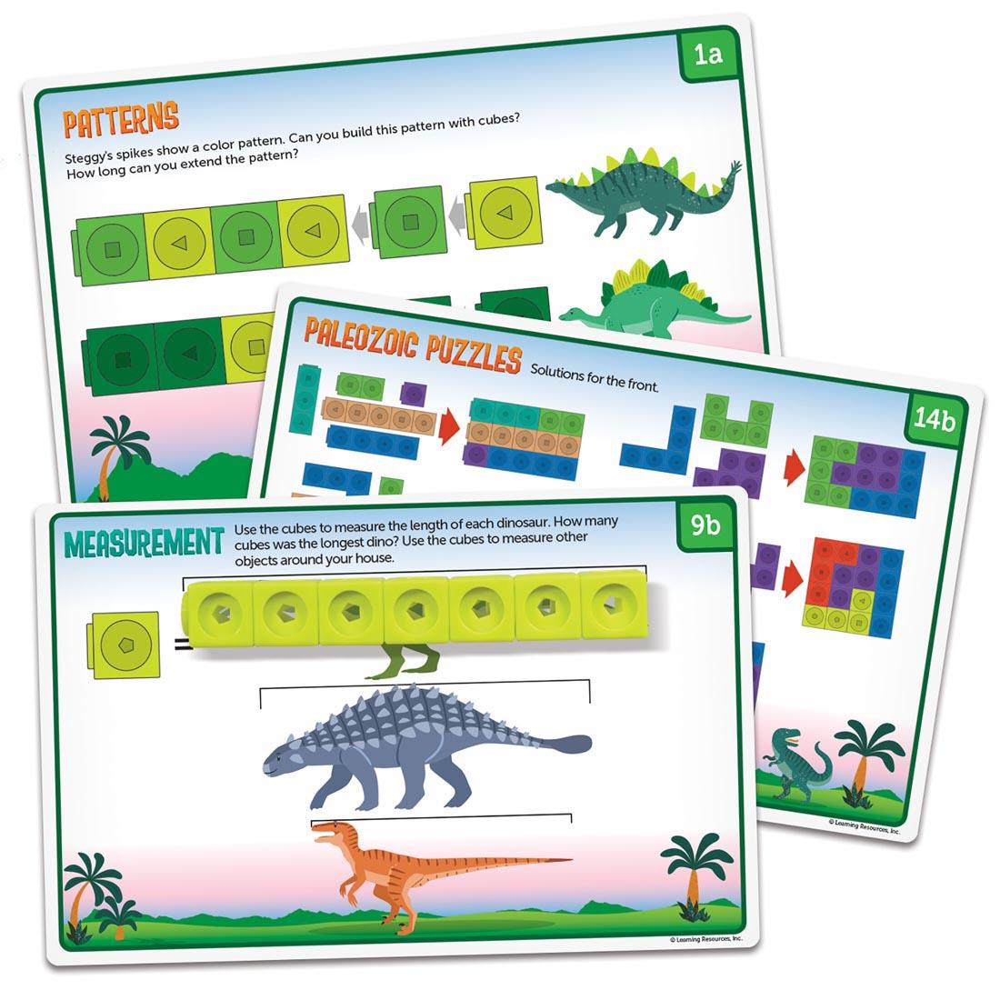 3 activity cards from the MathLink Cubes Kindergarten Math Activity Set: Dino Time! By Learning Resources