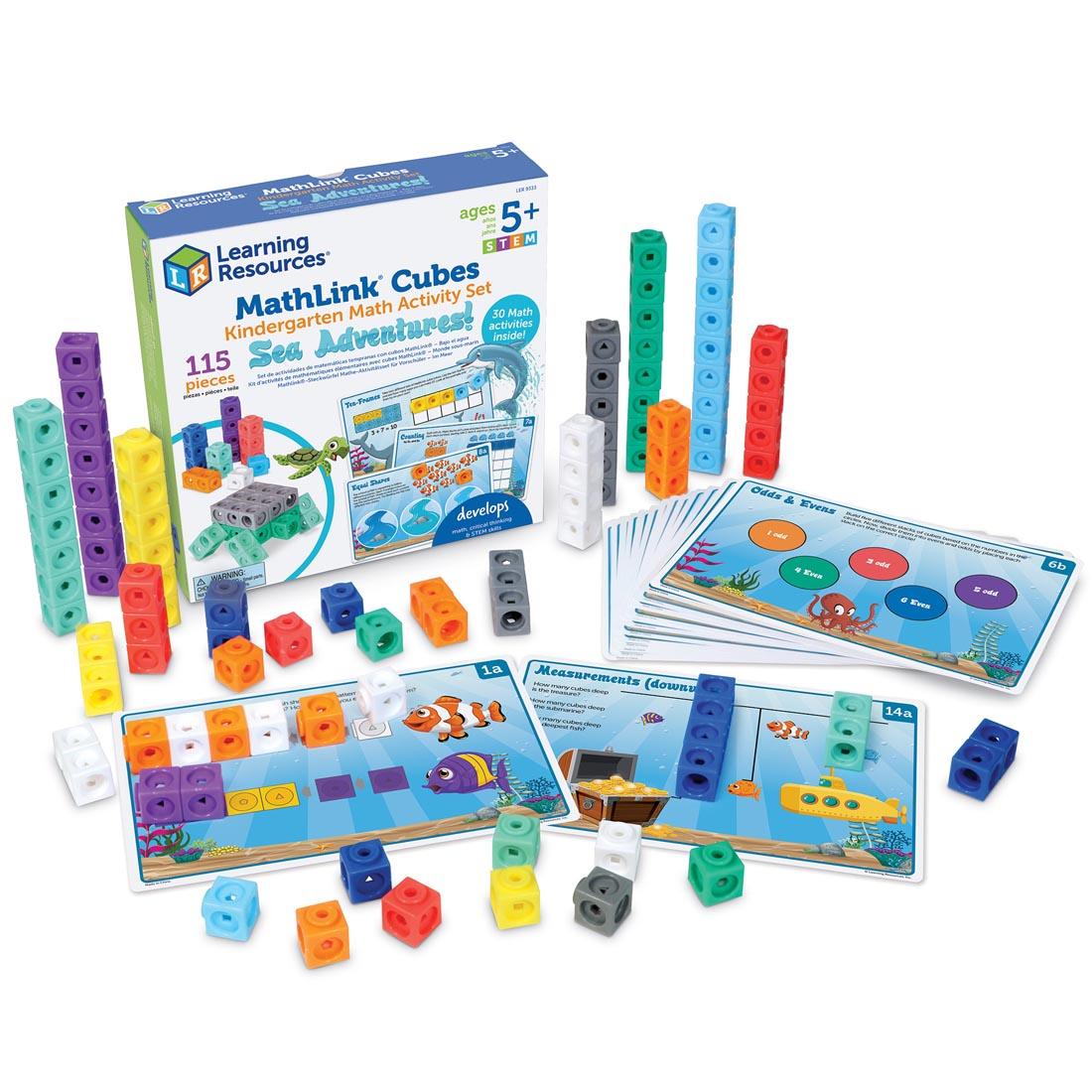 Box and contents of MathLink Cubes Kindergarten Math Activity Set: Sea Adventures! By Learning Resources