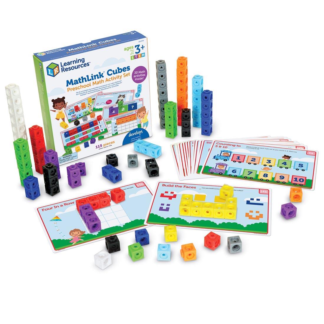 Activity cards and cubes from the MathLink Cubes PreK Activity Set By Learning Resources