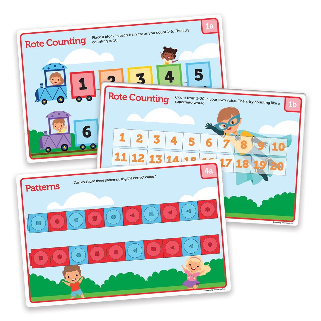 3 activity cards from the MathLink Cubes PreK Activity Set By Learning Resources