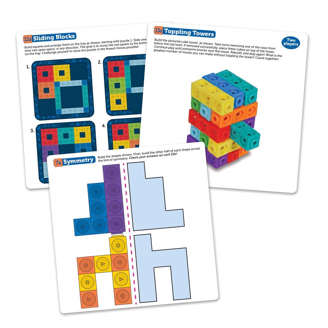 3 sample challenge cards from MathLink Cubes Brain Puzzle Challenge