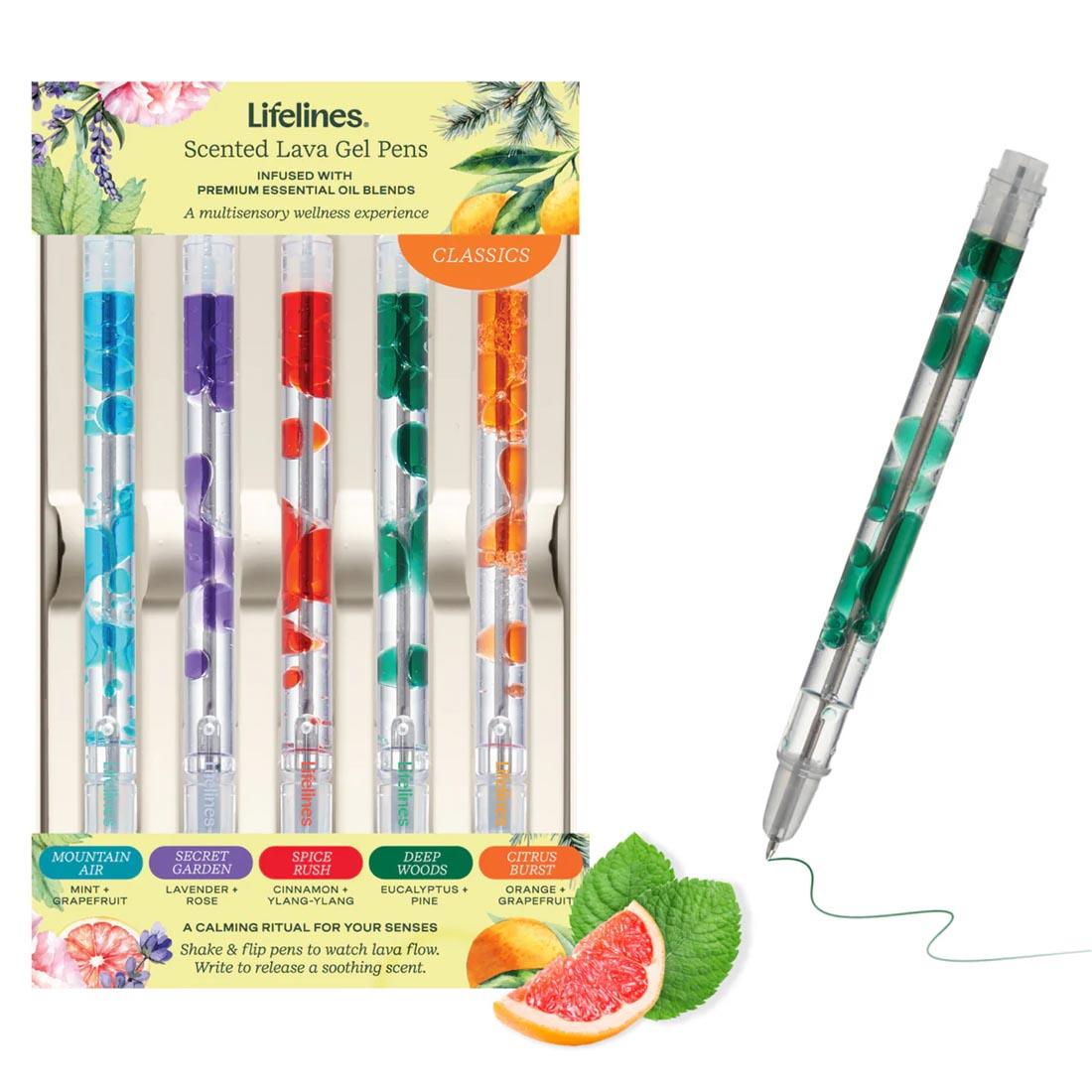 Scented Lava Gel Pens 5-Count Classic Set by Lifelines plus a pen drawing a line