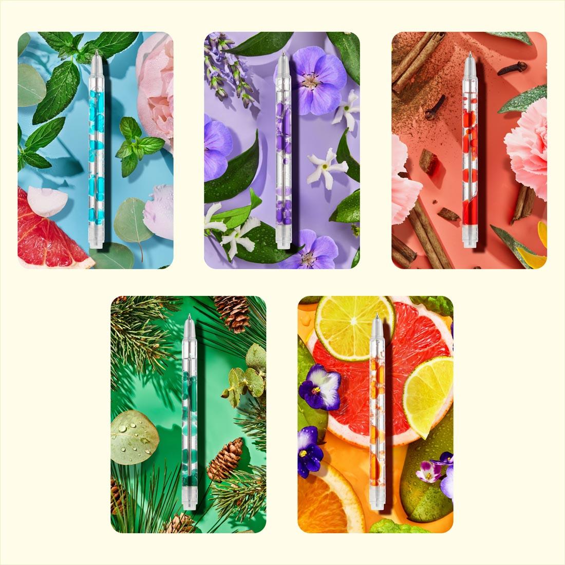 Scented Lava Gel Pens 5-Count Classic Set by Lifelines; each pen is on top of a collage of items that represent its fragrance