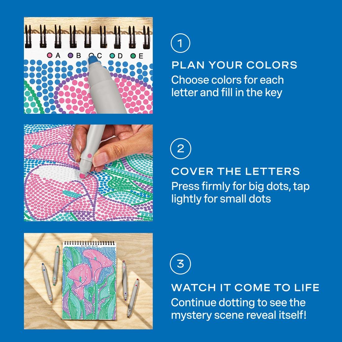 3 steps for completing FlowArt Dot-By-Letter images by Lifelines, with words and a picture for each step