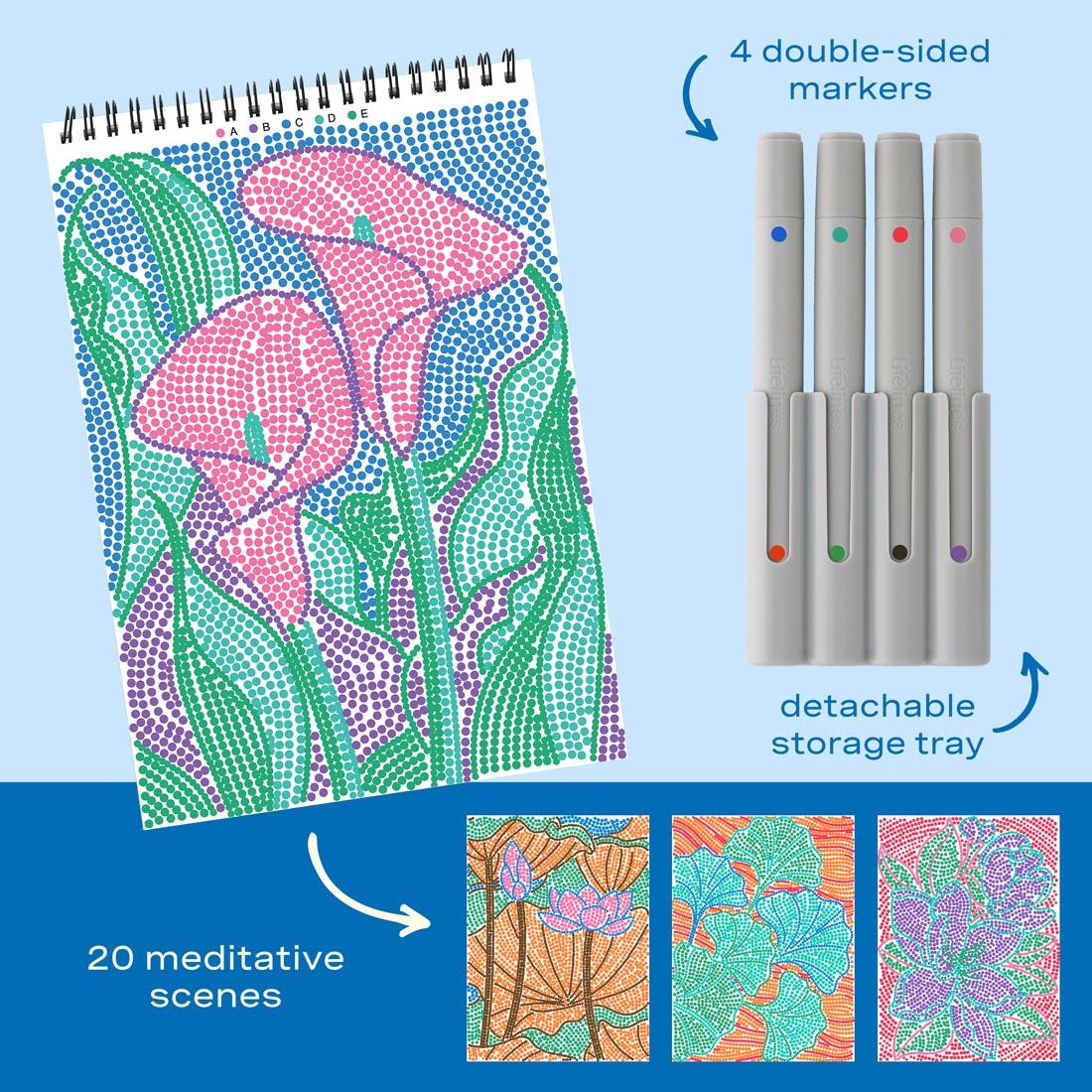 4 sample completed pages from FlowArt Dot-By-Letter Botanicals pad by Lifelines, plus 4 double-sided markers in their storage tray