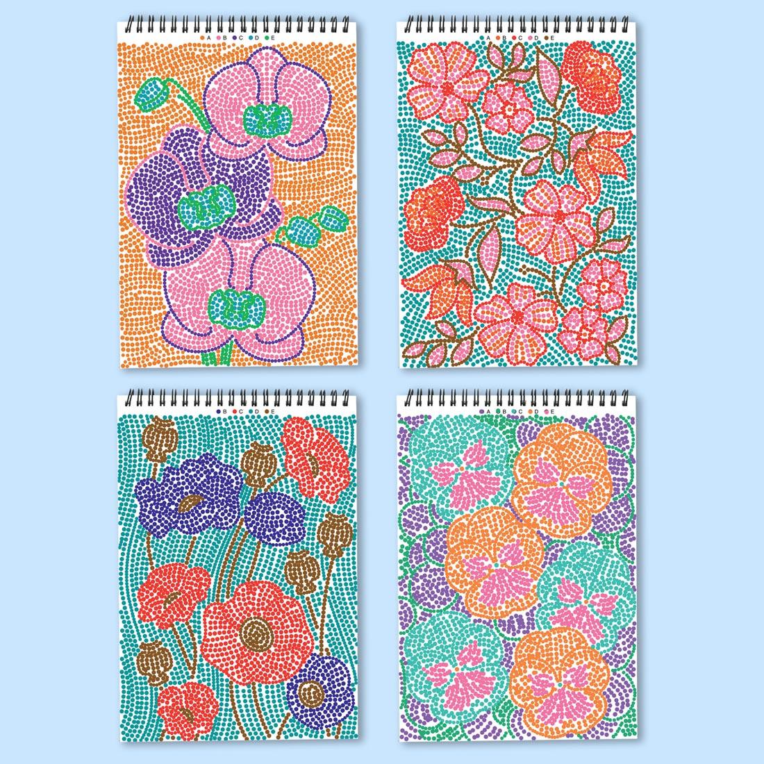 4 sample completed pages from FlowArt Dot-By-Letter Botanicals pad by Lifelines, showing a variety of flowers