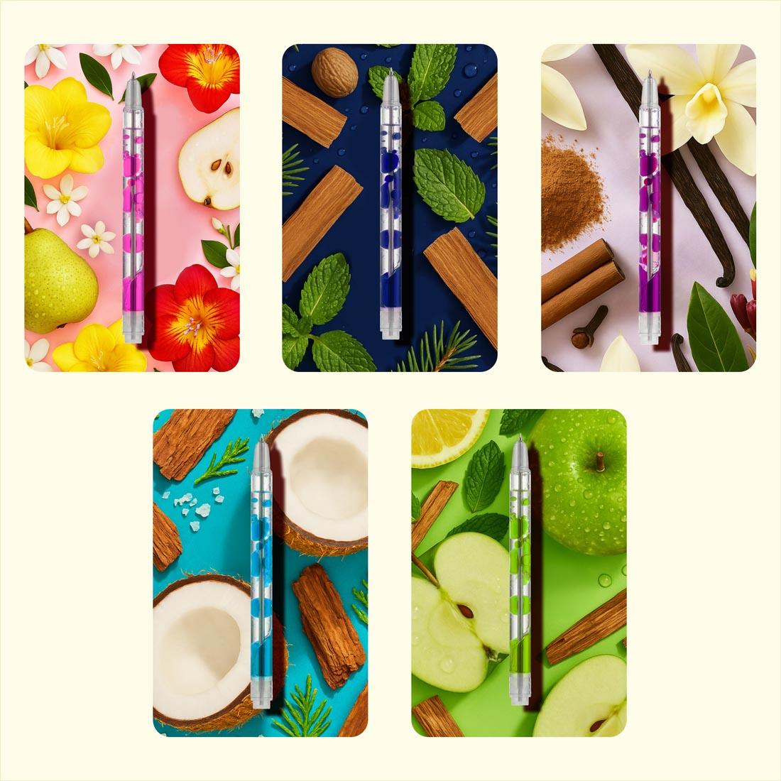 Scented Lava Gel Pens 5-Count Bright Set by Lifelines; each pen is on top of a collage of items that represent its fragrance