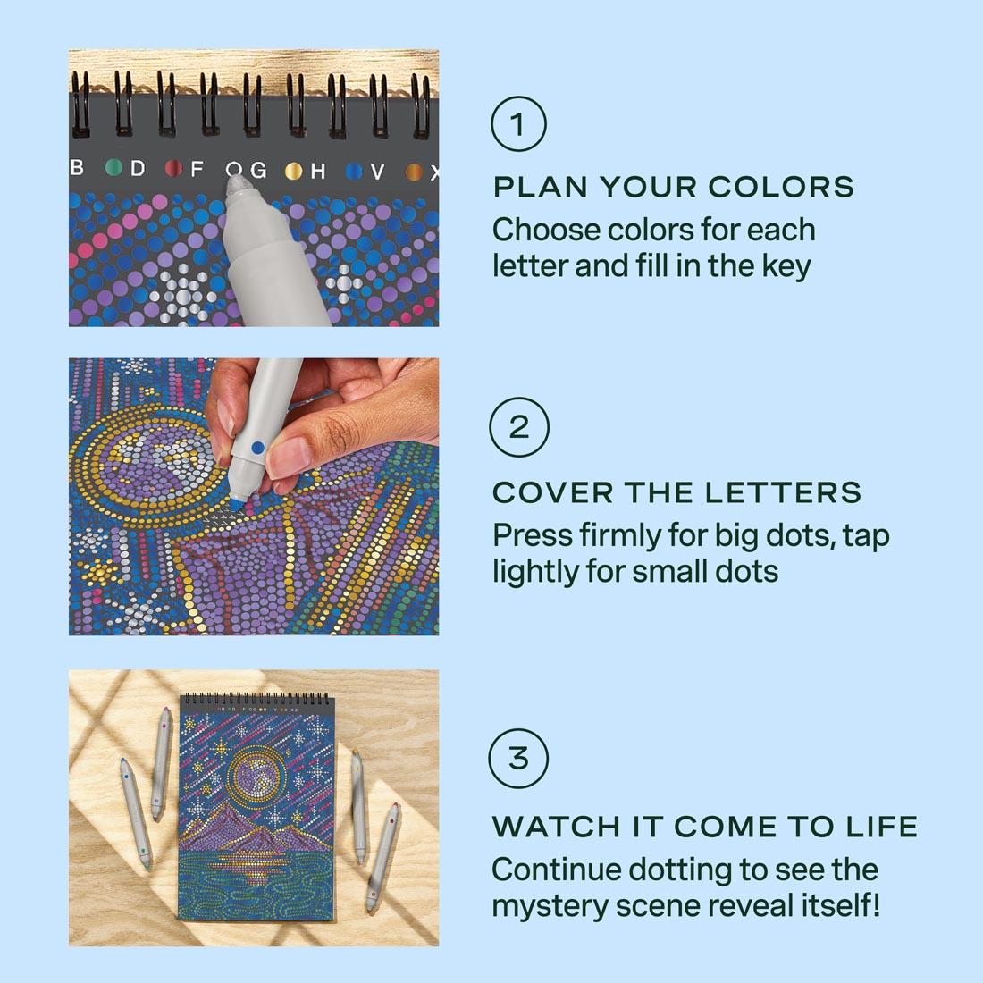 3 steps for completing FlowArt Dot-By-Letter images by Lifelines, with words and a picture for each step