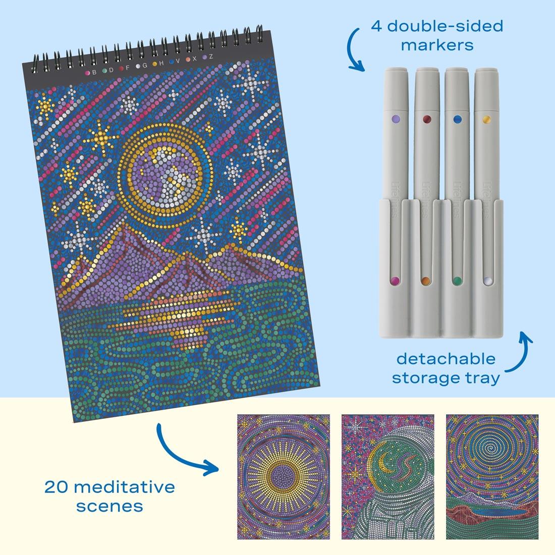 4 sample completed pages from FlowArt Dot-By-Letter Into the Galaxy pad by Lifelines, plus 4 double-sided markers in their storage tray