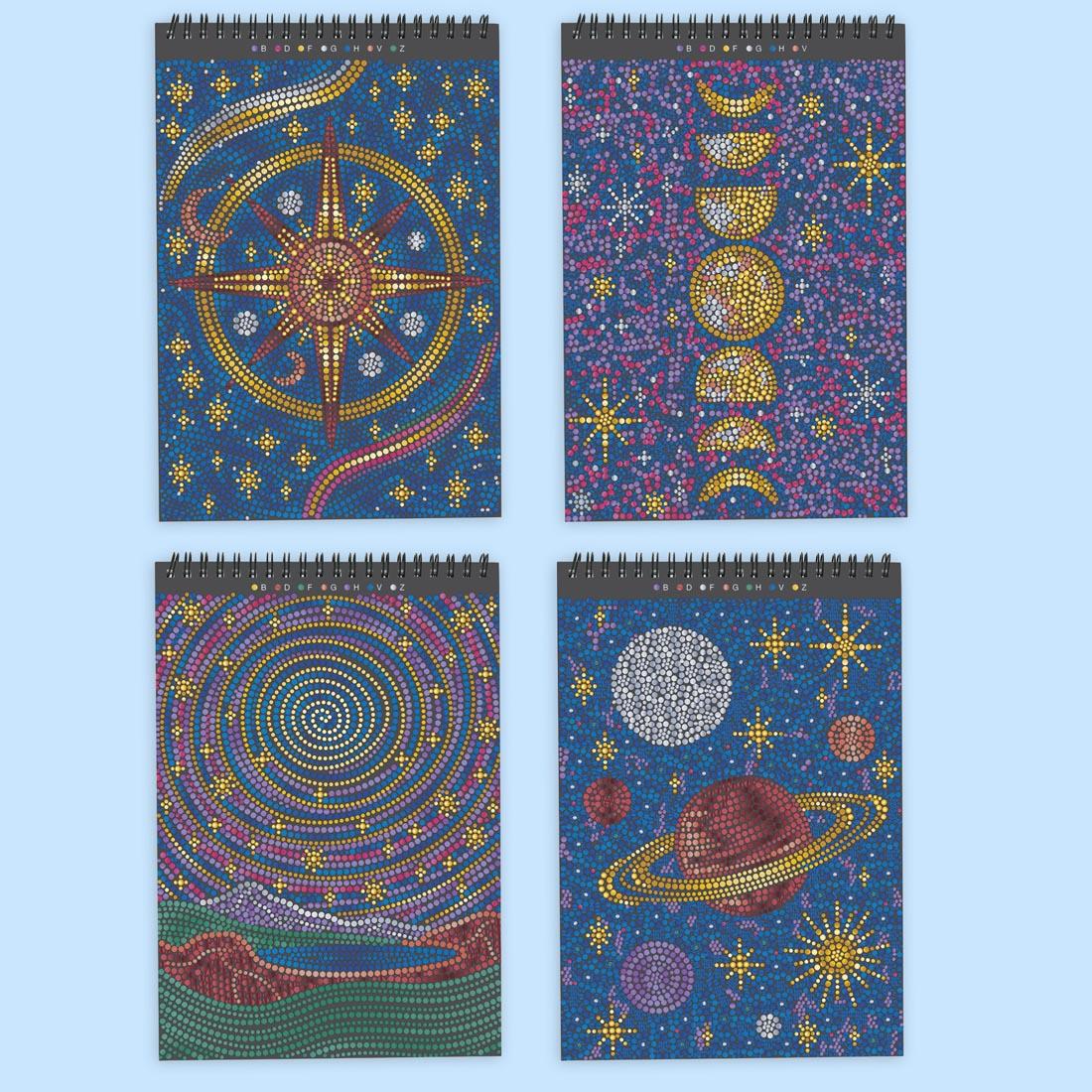 4 sample completed pages from FlowArt Dot-By-Letter Into the Galaxy pad by Lifelines, showing a variety of outer space scenes