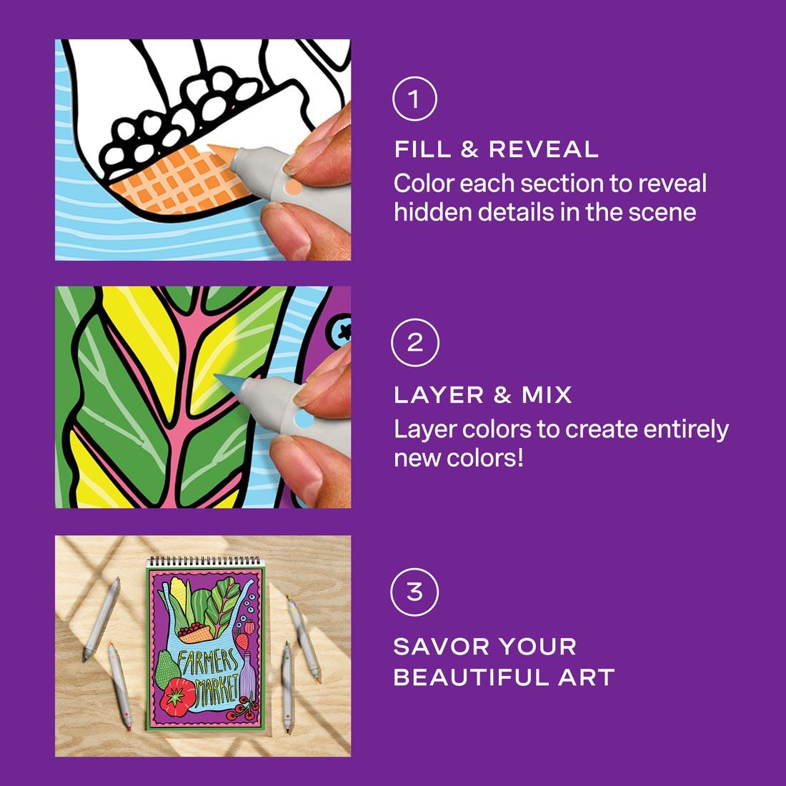 Infographic explaining the 3 steps to complete the FlowArt Color-To-Reveal Foodie Fun by Lifelines