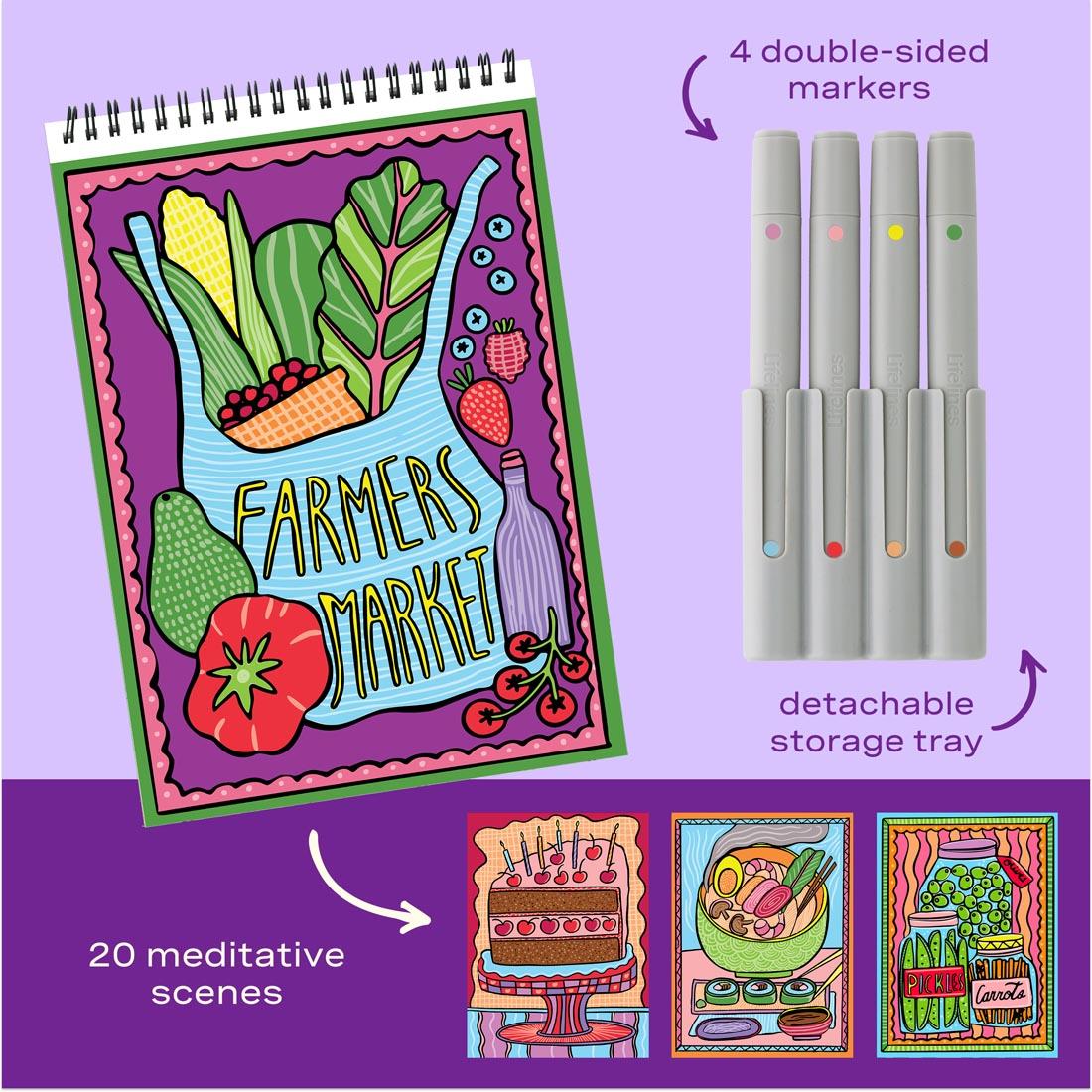 text and arrows labeling features of the FlowArt Color-To-Reveal Foodie Fun: 4 double-sided markers; detachable storage tray; 20 meditative scenes