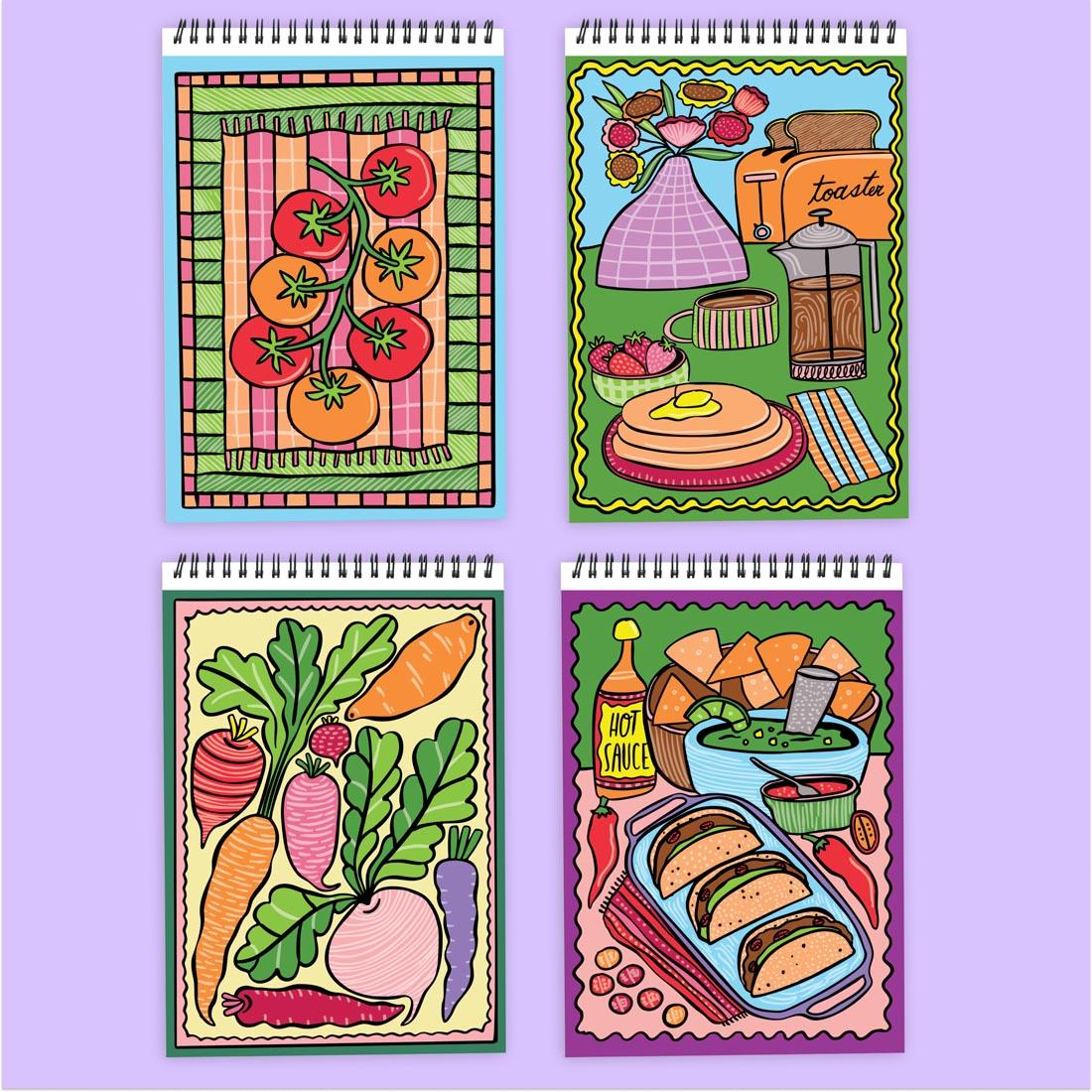 4 sample completed scenes from the FlowArt Color-To-Reveal Foodie Fun by Lifelines