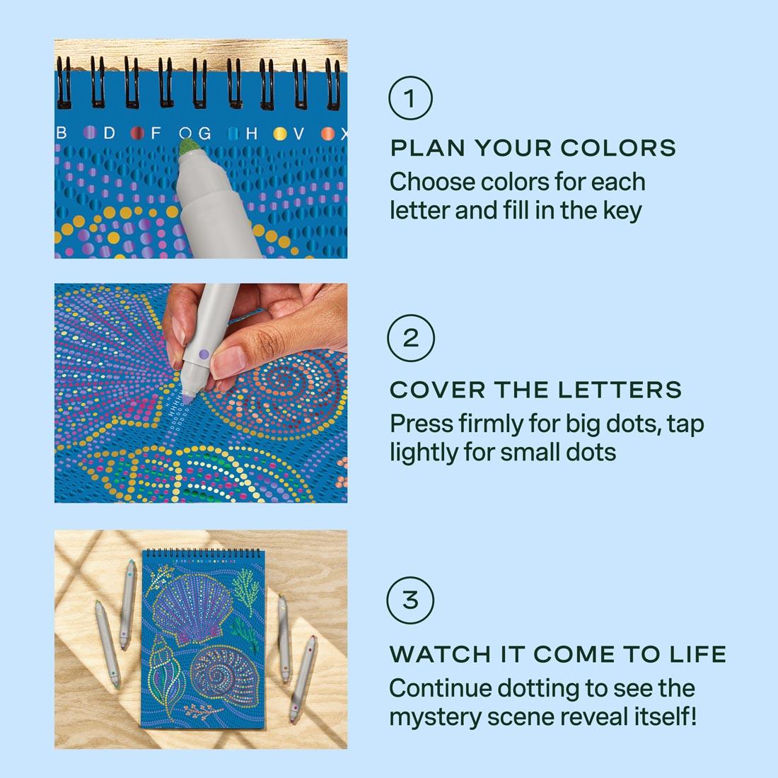 3 steps for completing FlowArt Dot-By-Letter images, with words and a picture for each step